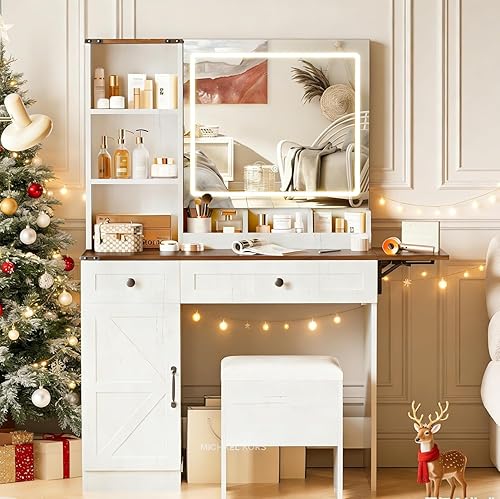 Miniatura 16 de NUNU LAB Escritorio pequeño de tocador con espejo iluminado por LED, juego de mesa de tocador 3 en 1 con espejo superior abatible, juego de mesa de