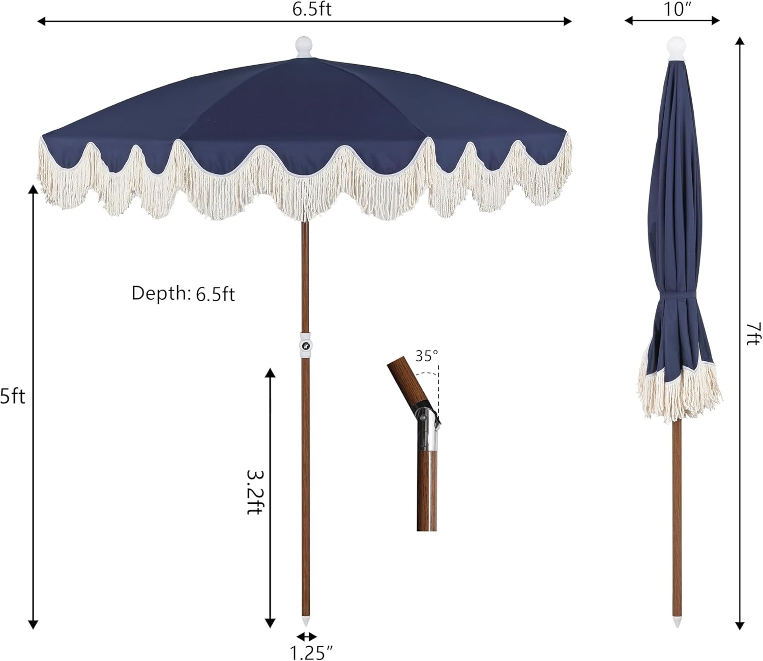 JONATHAN Y Mariner 6.5 ft. Beach Umbrella, Navy Solid with Fringe, Push-Button Tilt, UPF 50+ Sun Protection and Carrying Bag for Patio and Pool, Dark Brown Wood-Finish Pole UMB1005I
