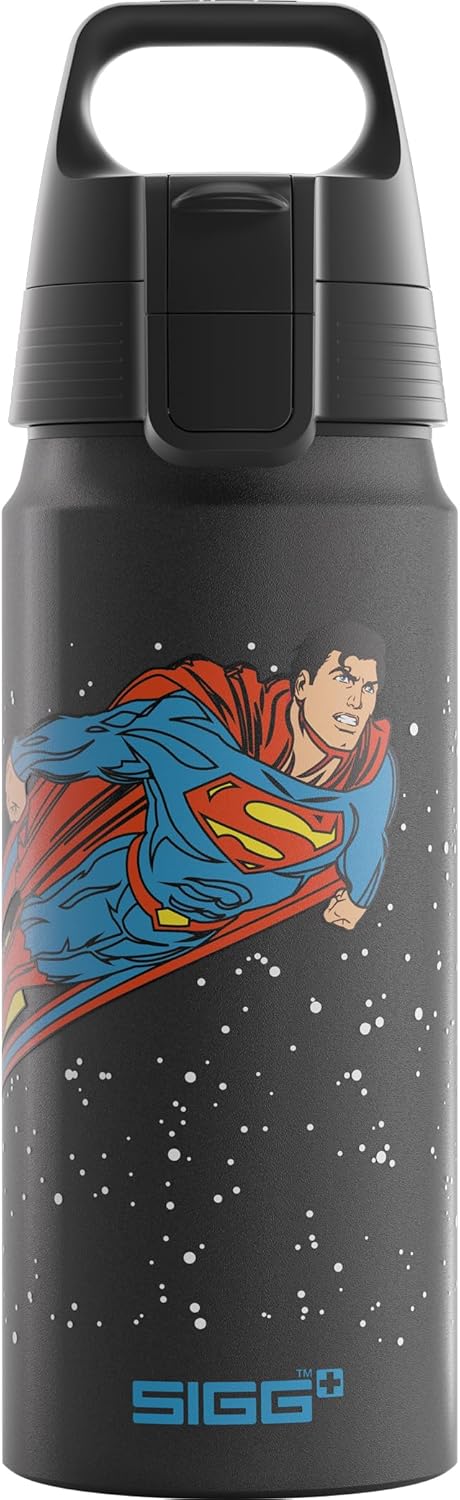 SIGG - Aluminium Water Bottle for Children - WMB ONE Superman - Suitable for Carbonated Drinks - Leak-Proof - Feather-Light - BPA-Free - Climate Neutral Certified - Sports & School - Black - 0.6 L