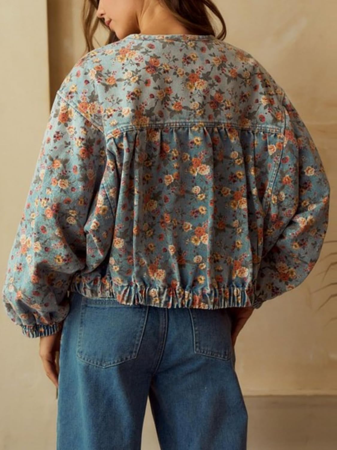 Womens Fall Denim Jacket 2025 Casual Zip Up Oversized Crew Neck Long Sleeve Loose Fit Jean Bomber Jacket - Image 2