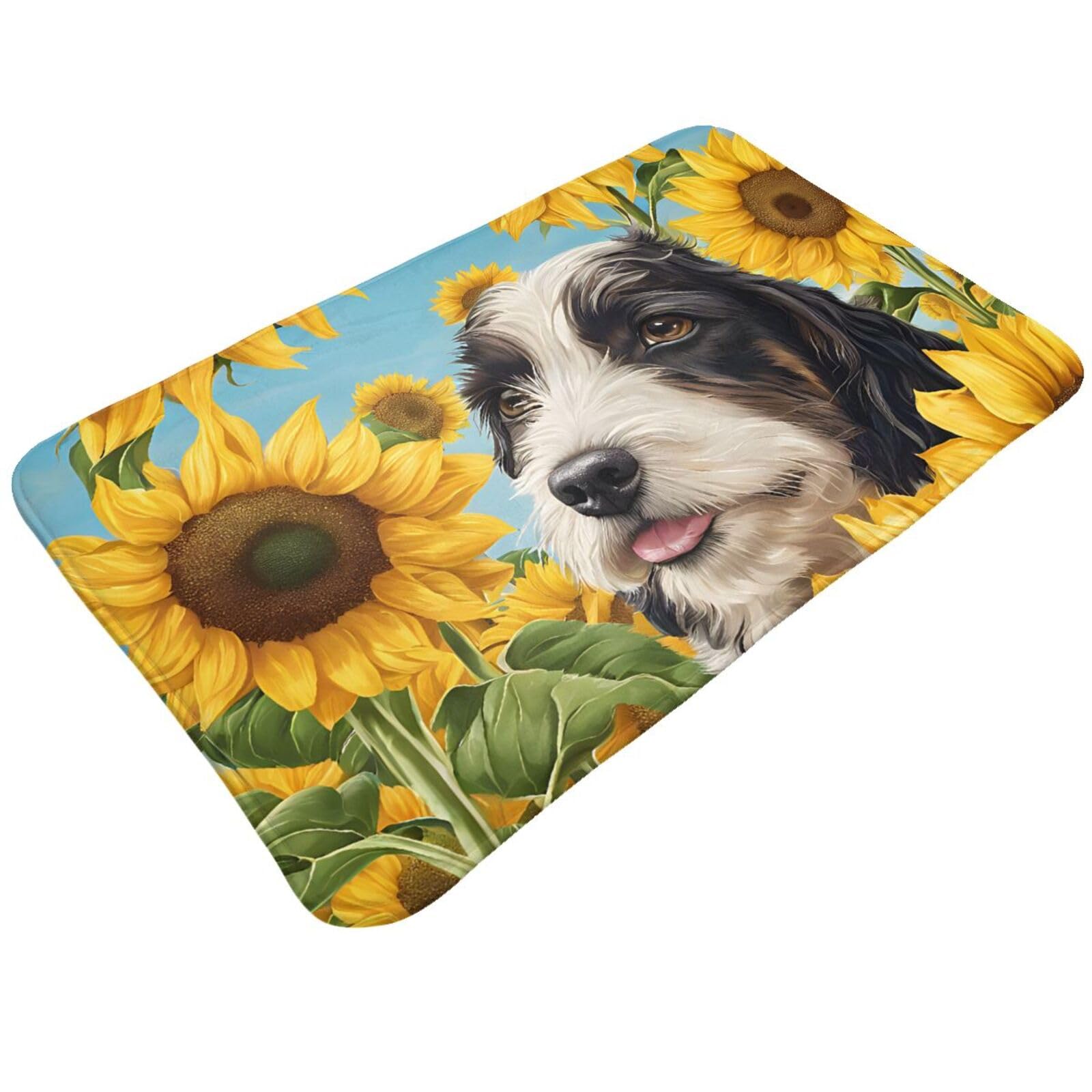 Dog with Sunflowers Print Living Room Bathroom Kitchen Anti Slip and Absorbent Carpet, Indoor Entrance Door Muddy Floor Mat, Ultra Soft Washable Carpet 21x31.5 Inches