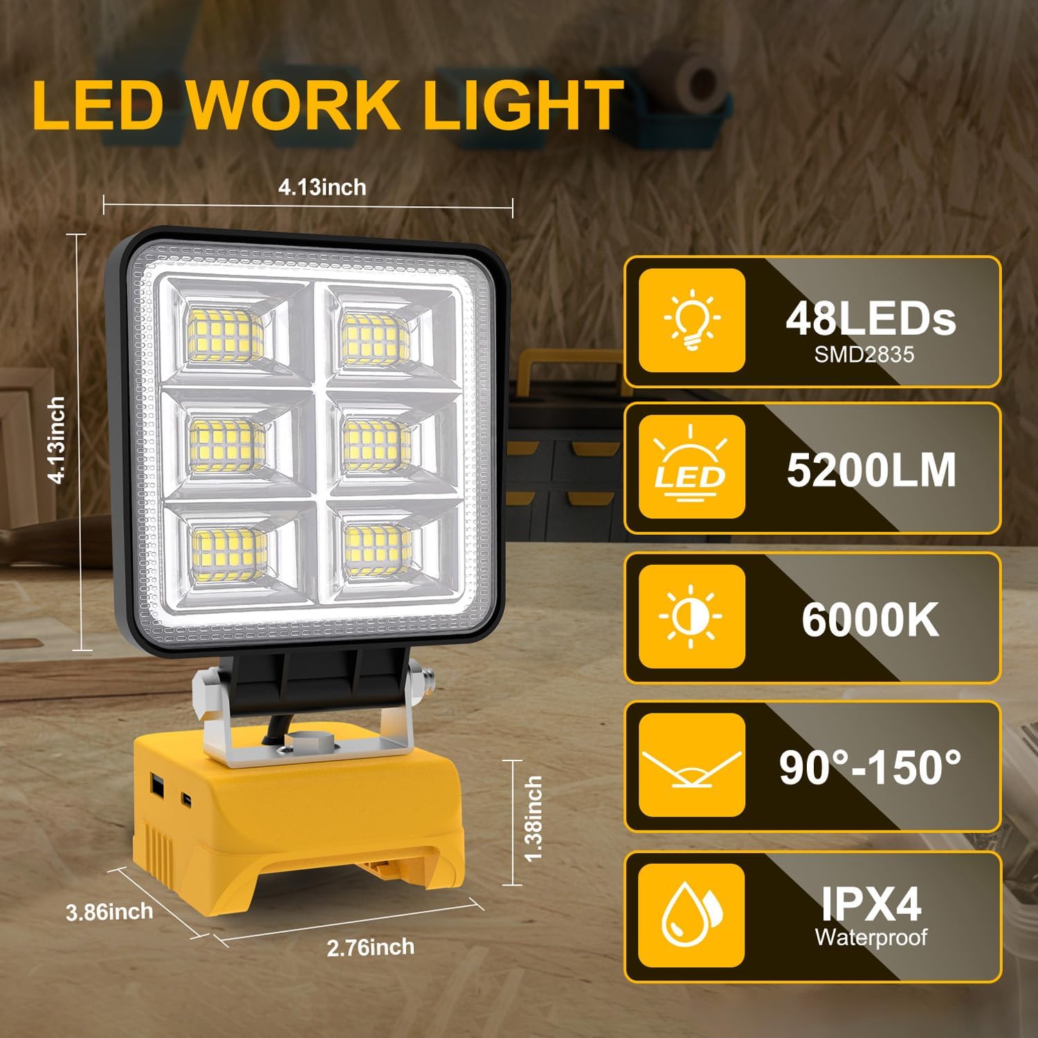 T-SUN LED Work Light, Portable Work Light Compatible with Dewalt 20V Battery, Cordless Flashlight Flood Lights 52W 5200LM with USB &Type C Charger Port for Workshop, Garage Repair (1 Pack)