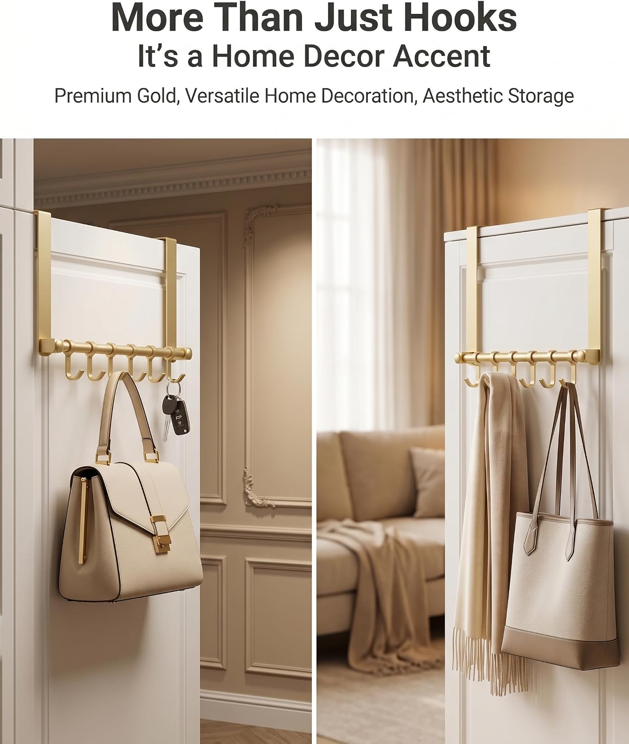Over the Door Hooks, Gold 6 Hooks Adjustable Aluminum Door Hanger | Sliding Hooks Heavy Duty Door Hanger Organizer for Towel Coat Robe Hat Bag, No Drilling Over Door Rack for Bathroom Bedroom