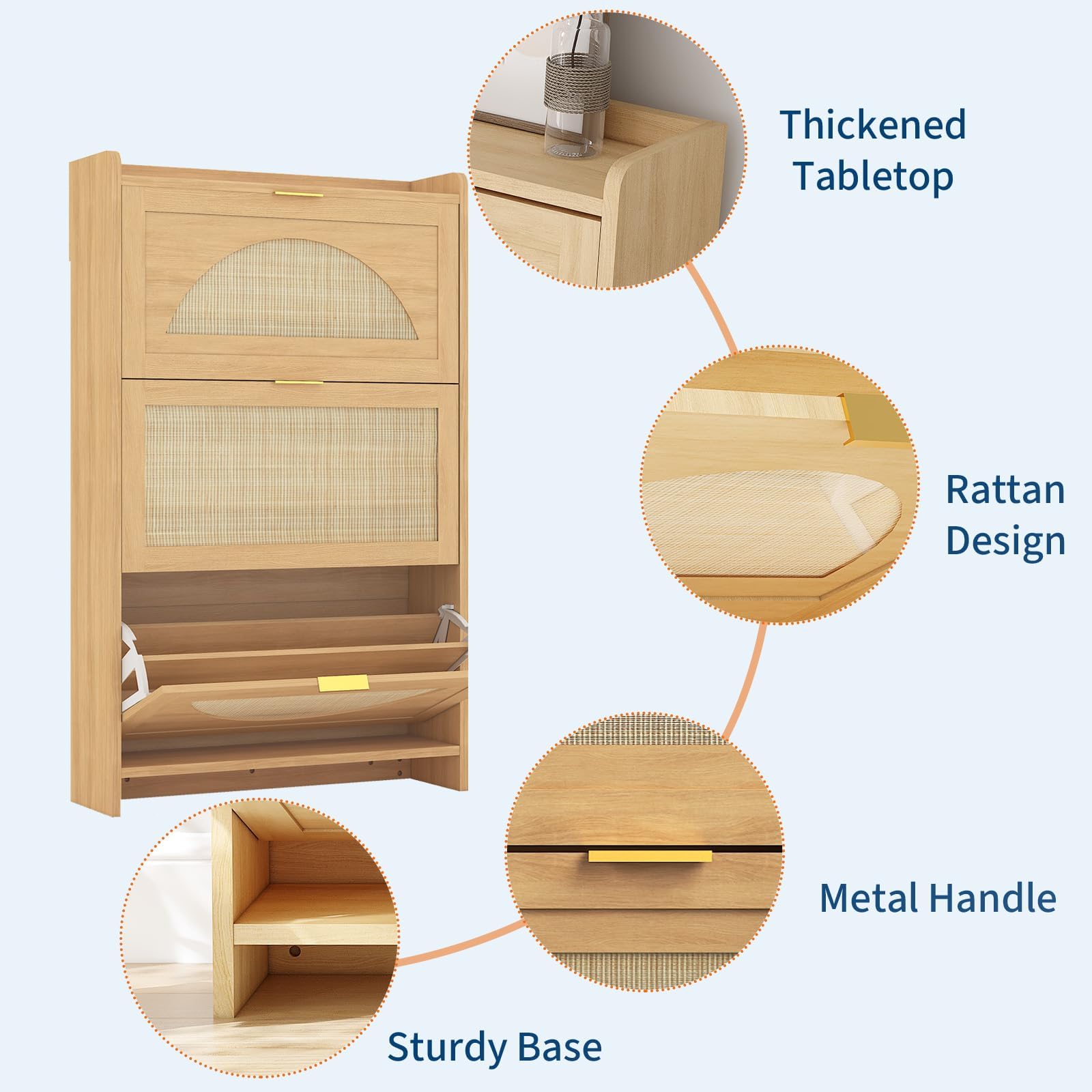 GarveeHome Armario Zapatero Estrecho para recibidor – 3 cajones abatibles, Puertas de ratán y estantes Ajustables – Organizador