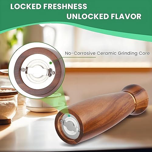 Miniatura 3 de Juego de molinillo de sal y pimienta de madera, molinillo de pimienta manual de 8 pulgadas con grosor ajustable, paquete de 2 saleros y pimenteros