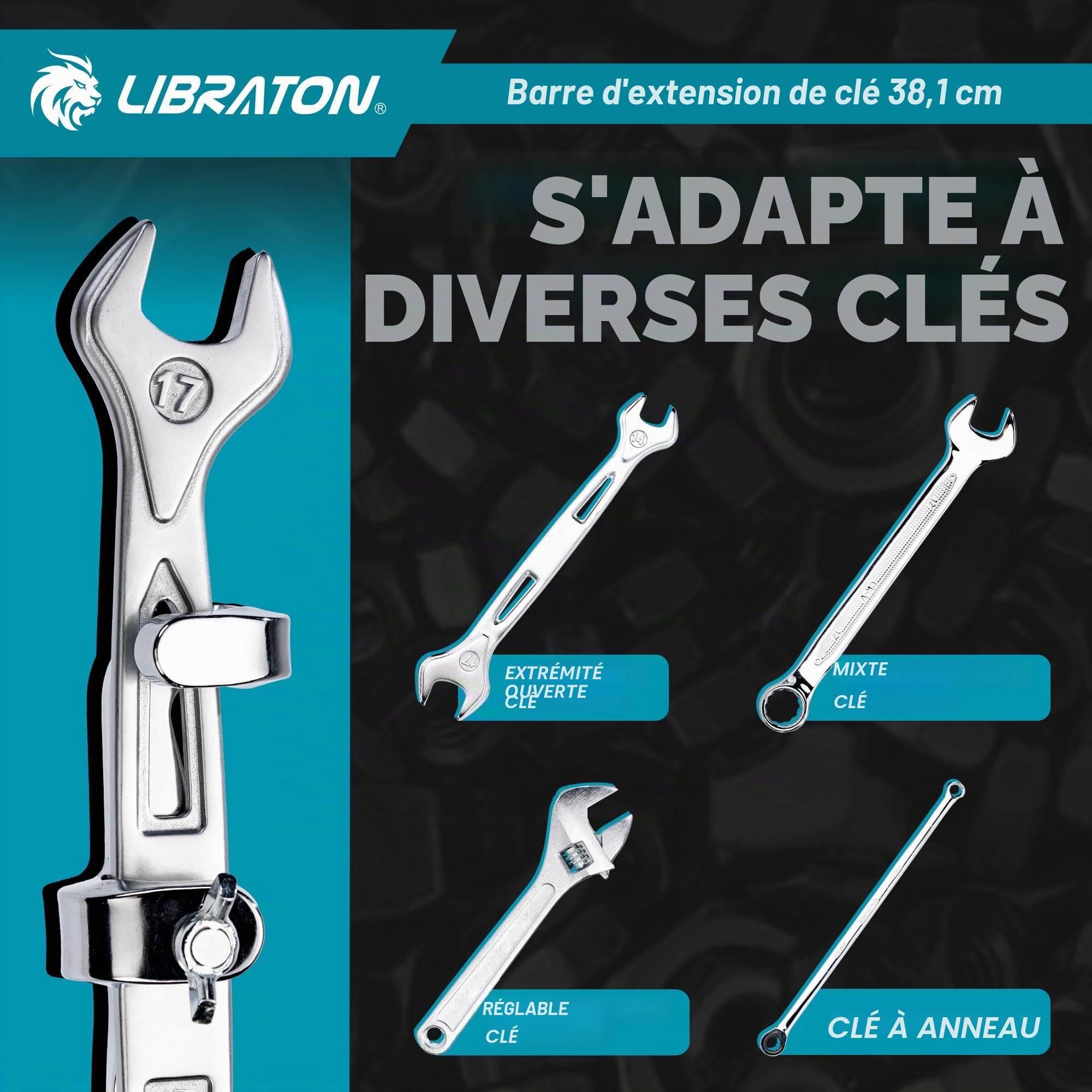 LIBRATON Rallonge de Clé de 38 cm, Extension de Clé Universelle Robuste pour un Effet de Levier Maximal, Outil de Barre d'Extension pour Réparation Automobile et Mécanique, avec Poignée Antidérapante