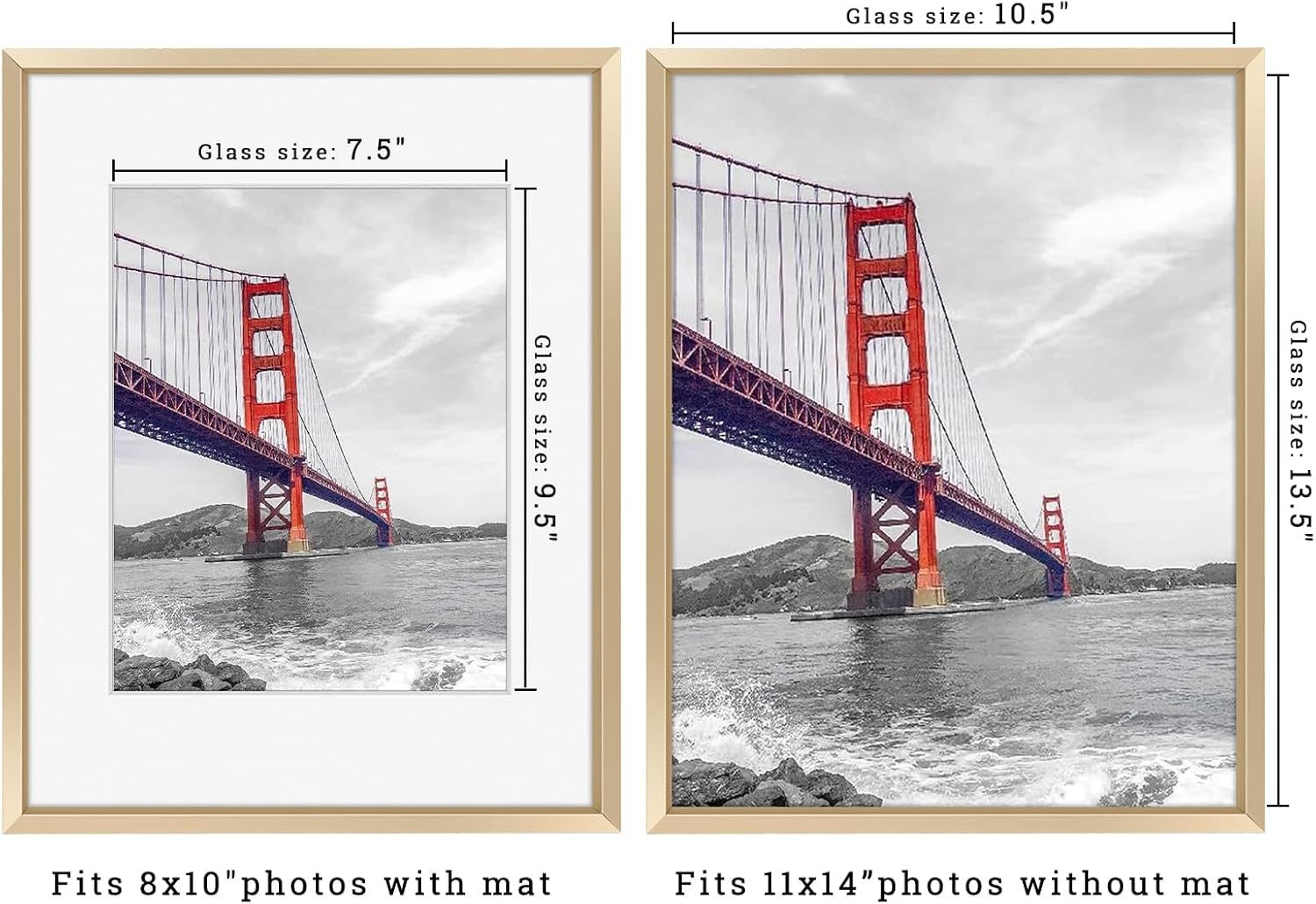 Frametory, 11x14 Metal Picture Frame with Mat for 8x10 Picture & Real Glass, Aluminum Photo Frame Collection (Gold, 2 Pack)