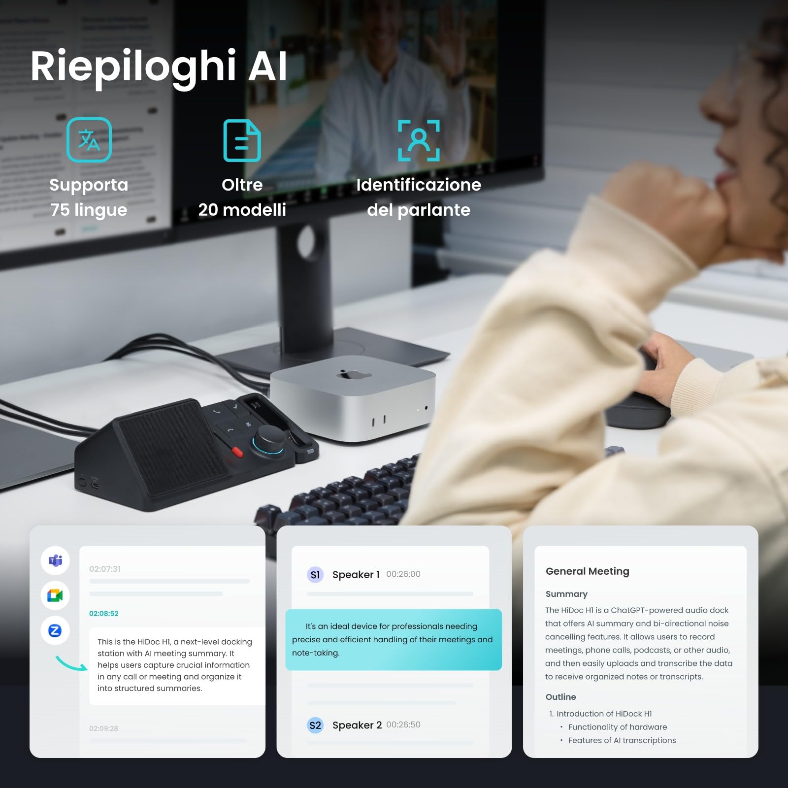 H1E USB C Docking Station Con Registratore Vocale AI, Trascrizione E Sintesi Automatiche, HDMI 4K, Ethernet 1Gbps, Trasferimenti Dati 5Gbps, PD 83W, Docking Station Per Laptop Windows/Mac/ChromeOS