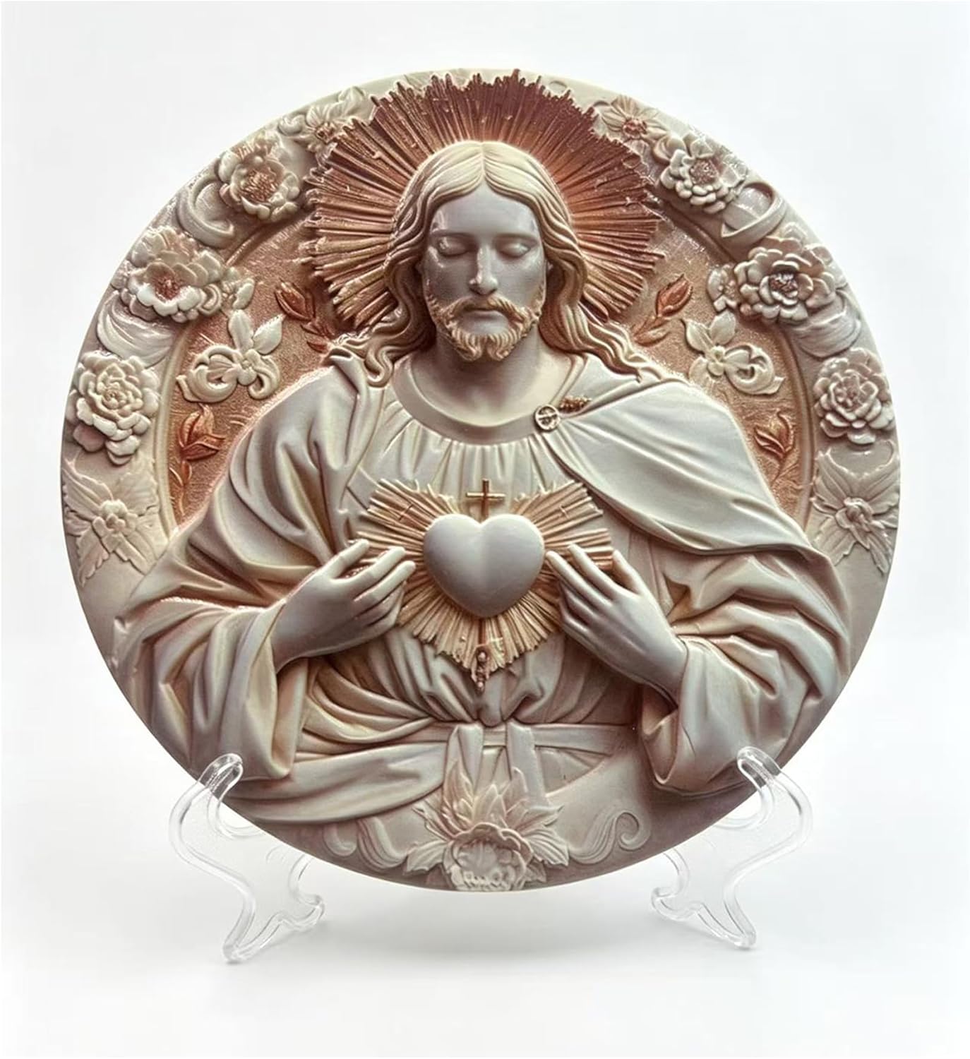 ZEPENGZER Jesus Sacred Heart Statue Wall Art, 3D Relief Resin Decor, Religious Catholic Figurine for Home Decoration, Bookshelves, Churches, Baptisms, and First Communion Gifts