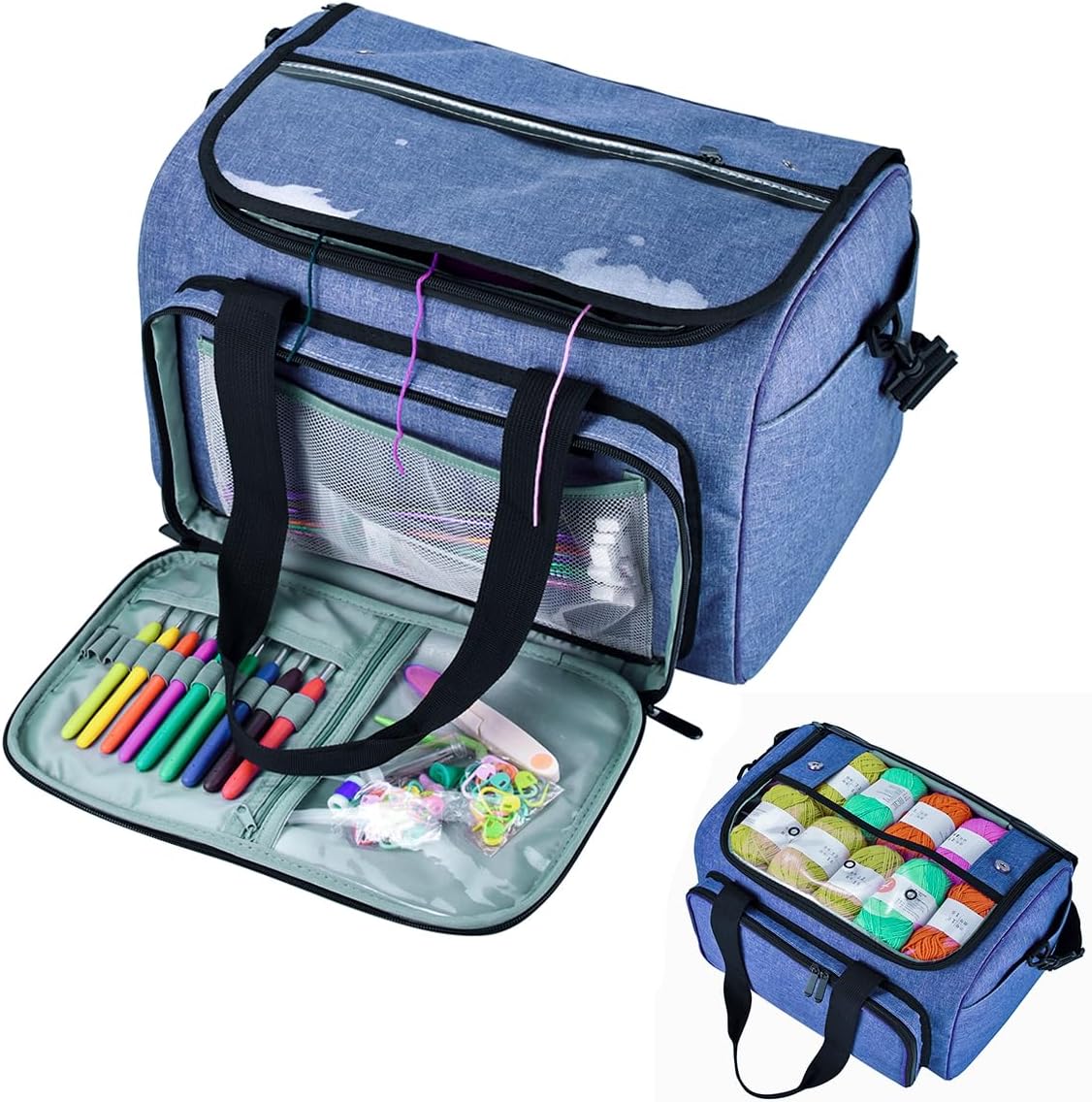 Weabetfu Large Crochet Bag Knitting Bags and Totes Organizer Huge Yarn Bag Storage for Crocheting Knitter,Crochet Hooks,Knitting Needles Kit,Supplies,Yarn - Ideal Crochet & Knitting Gift(Blue)