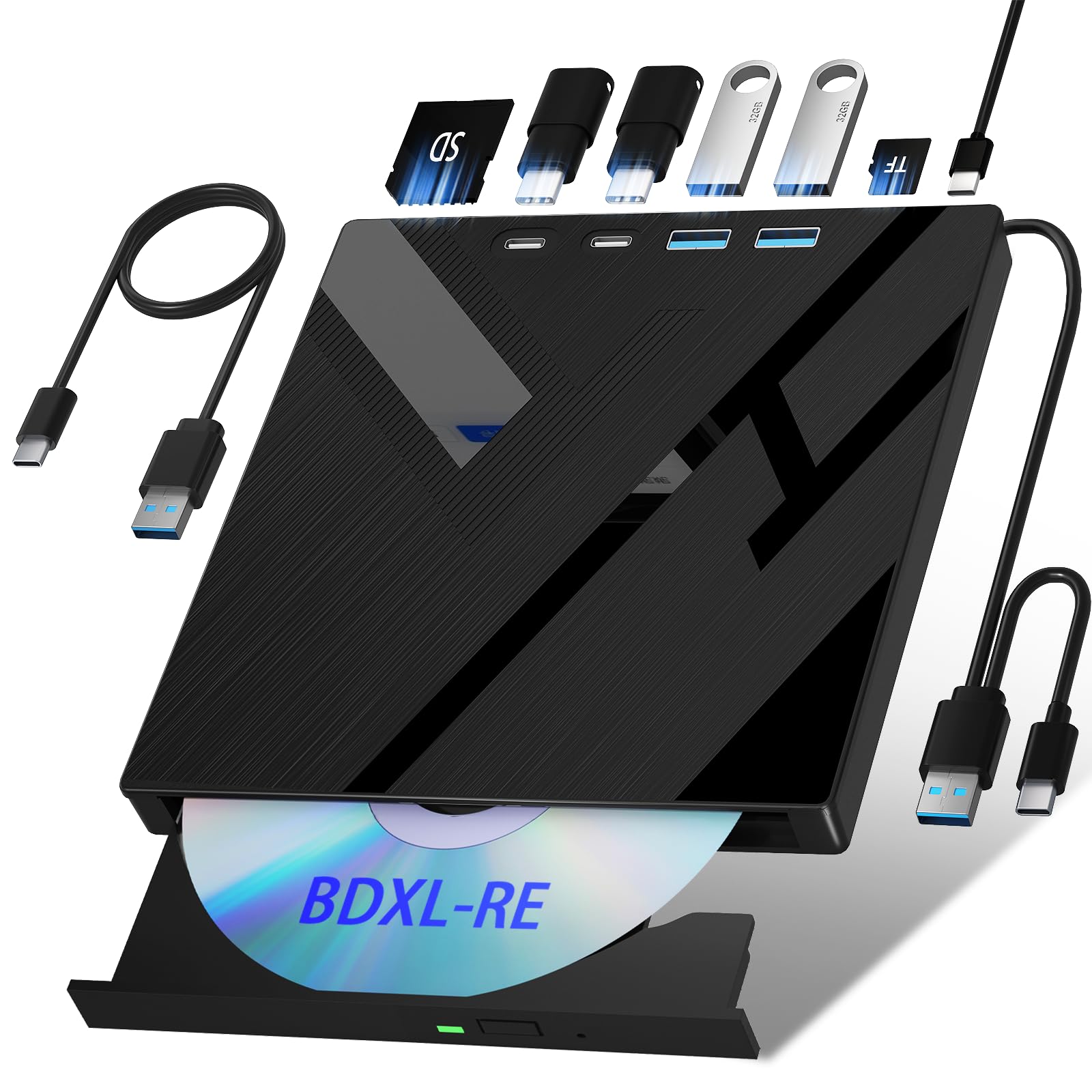 7 in 1 External Blu Ray Drive, External Blueray/DVD Drive for PC with SD/TF Port Blu Ray Burner, Support 100G Disc R/W for PC External Blu Ray Drive for Windows Linux MacOS Laptop Desktop