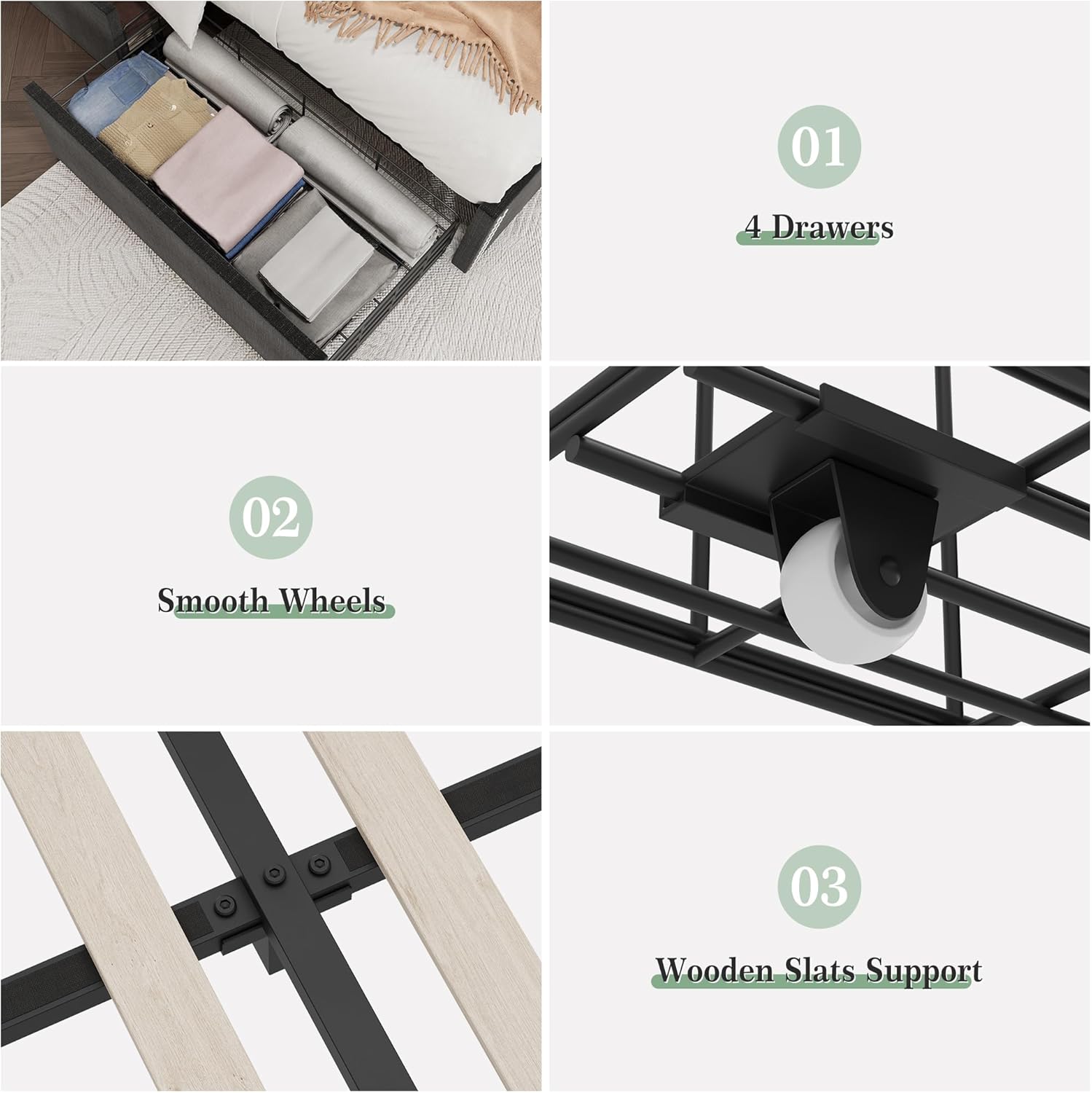 Queen Size Platform Bed Frame with 4 Storage Drawers & Charging Station, Linen Upholstered Bed Queen Size with Button Tufted Wingback Headboard, No Box Spring Needed, Noise-Free, Easy Assembly, Grey