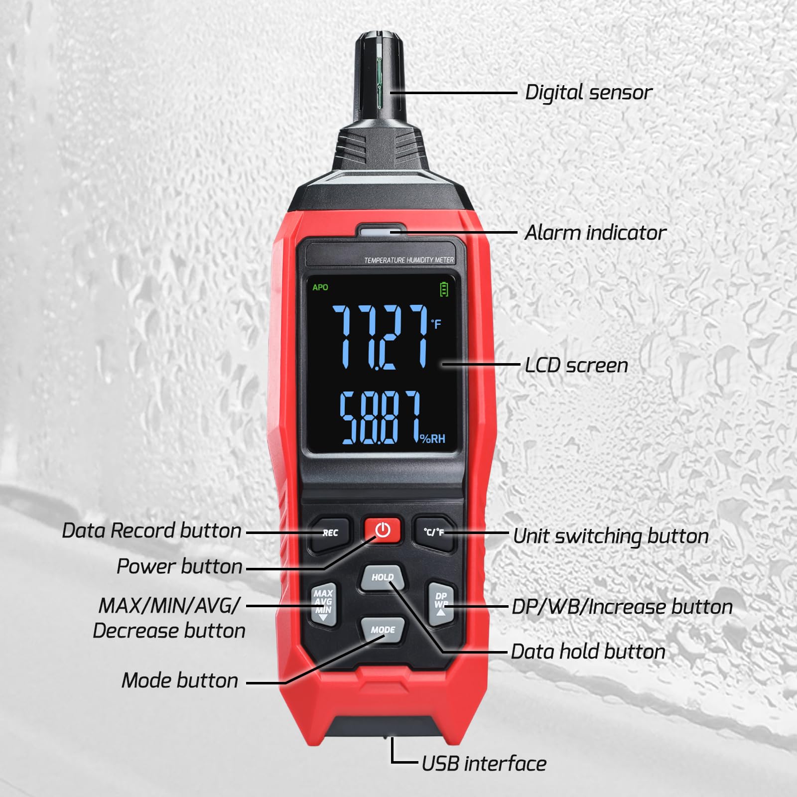 Registratore Digitale di Umidità e Temperatura per HVAC, Psicrometro con Memoria 4000 Dati, Termometro a Bulbo Umido, Display LCD Grande, Allarme Visivo/Acustico, Esportazione Dati
