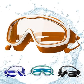 Swimming Goggles Large Frame Wide View Big Glasses with Connected Ear Plugs (Wide Frame Assorted, 5+ Years)