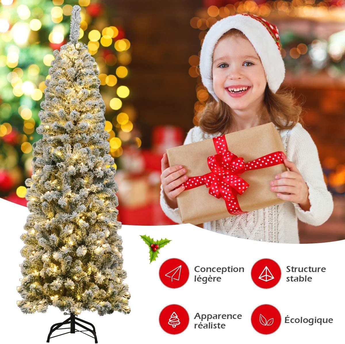 GYMAX Sapin de Noël 140 cm Lumineux Artificiel, avec 150 Lumières LED Chaudes, Support Pliable en Métal, Montage Facile en Sections