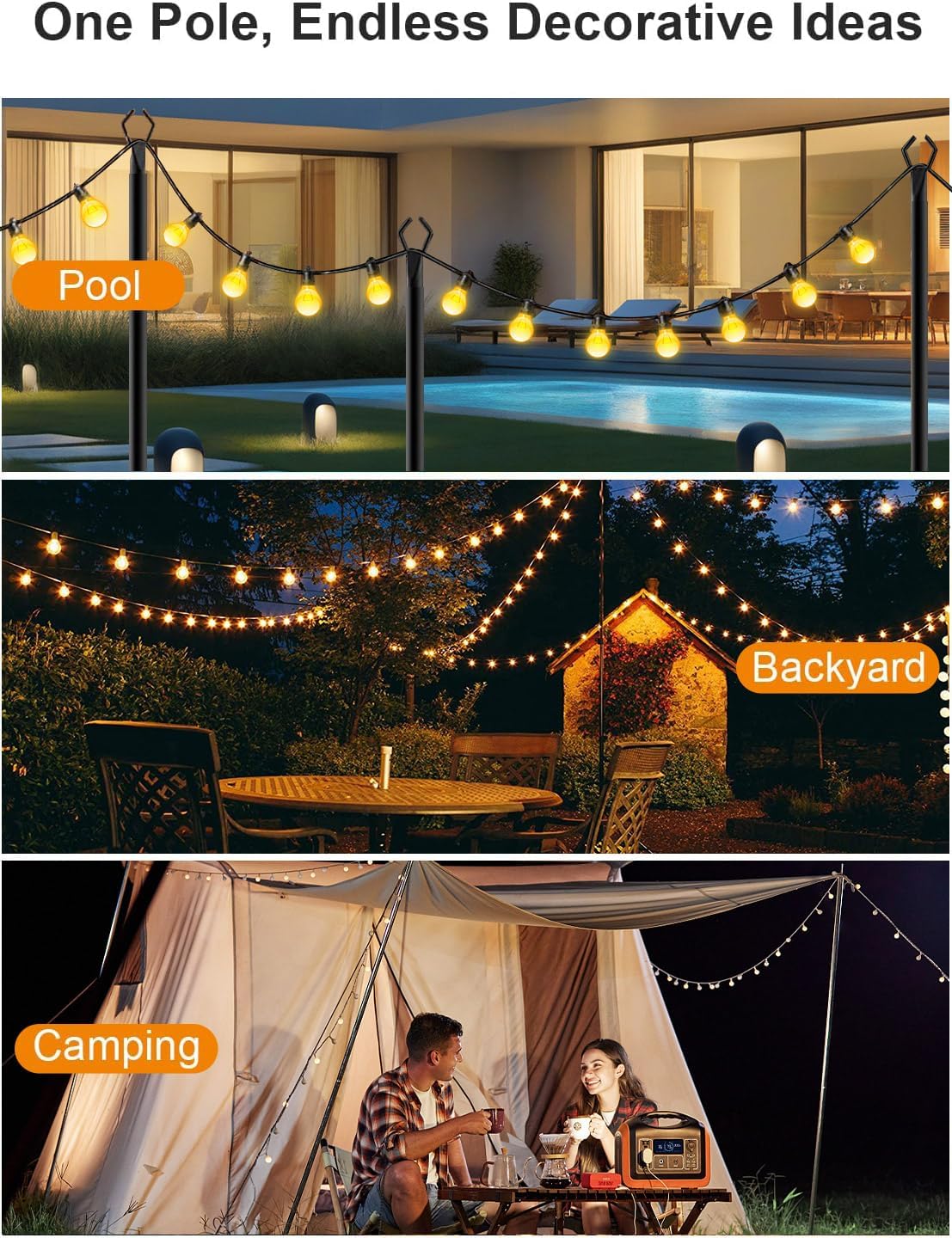 6 Pack 10ft String Light Poles,Poles For Outdoor String Lights With Fork Adjustable Lighting Stand For Patio Deck,Garden,Wedding,Backyard,Christmas Party Decor