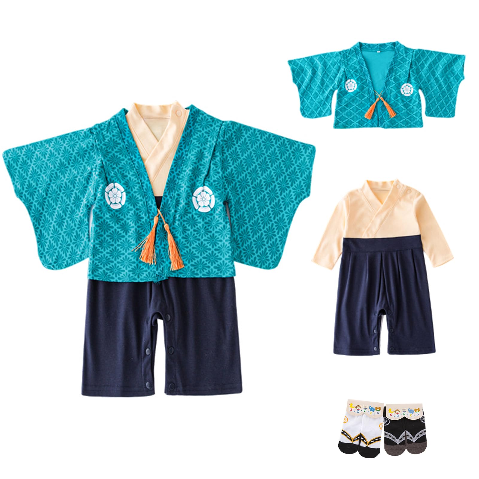 YOOCHUENG Japanse baby kimono-pakje, katoenen outfit met lange mouwen voor babyjongens, traditionele stijl met 2 paar sokken, 70(9-12Monat