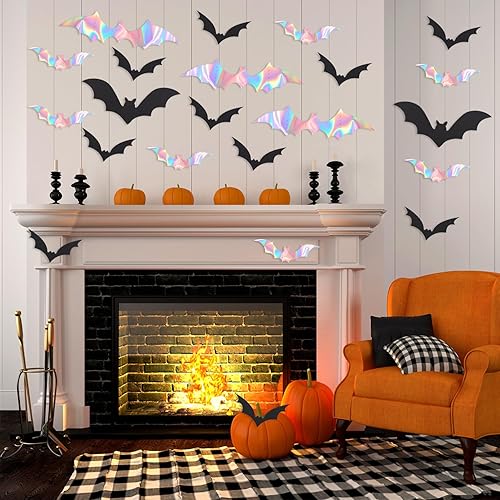 Miniatura 5 de 48 piezas de decoración de Halloween de murciélagos, calcomanías holográficas de pared de murciélagos de Halloween, calcomanías holográficas de