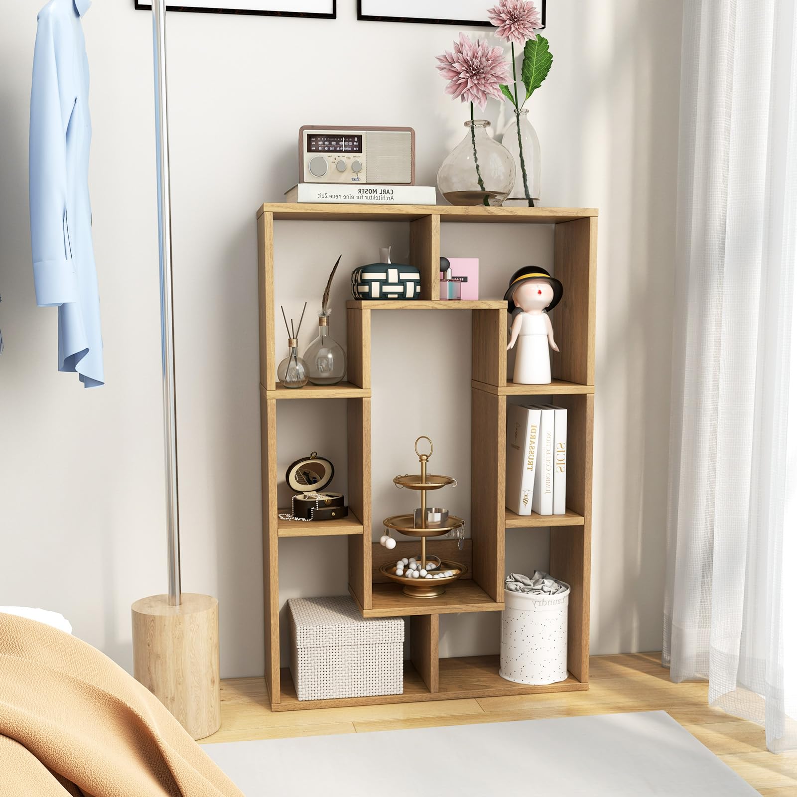 HOMASIS Libreria da Parete con 7 Cubi, Libreria Divisoria Ambiente con Protezione Antiribaltamento, Scaffale Geometrico Decorativa per Soggiorno, Studio, 60 x 20 x 90 cm (Naturale)