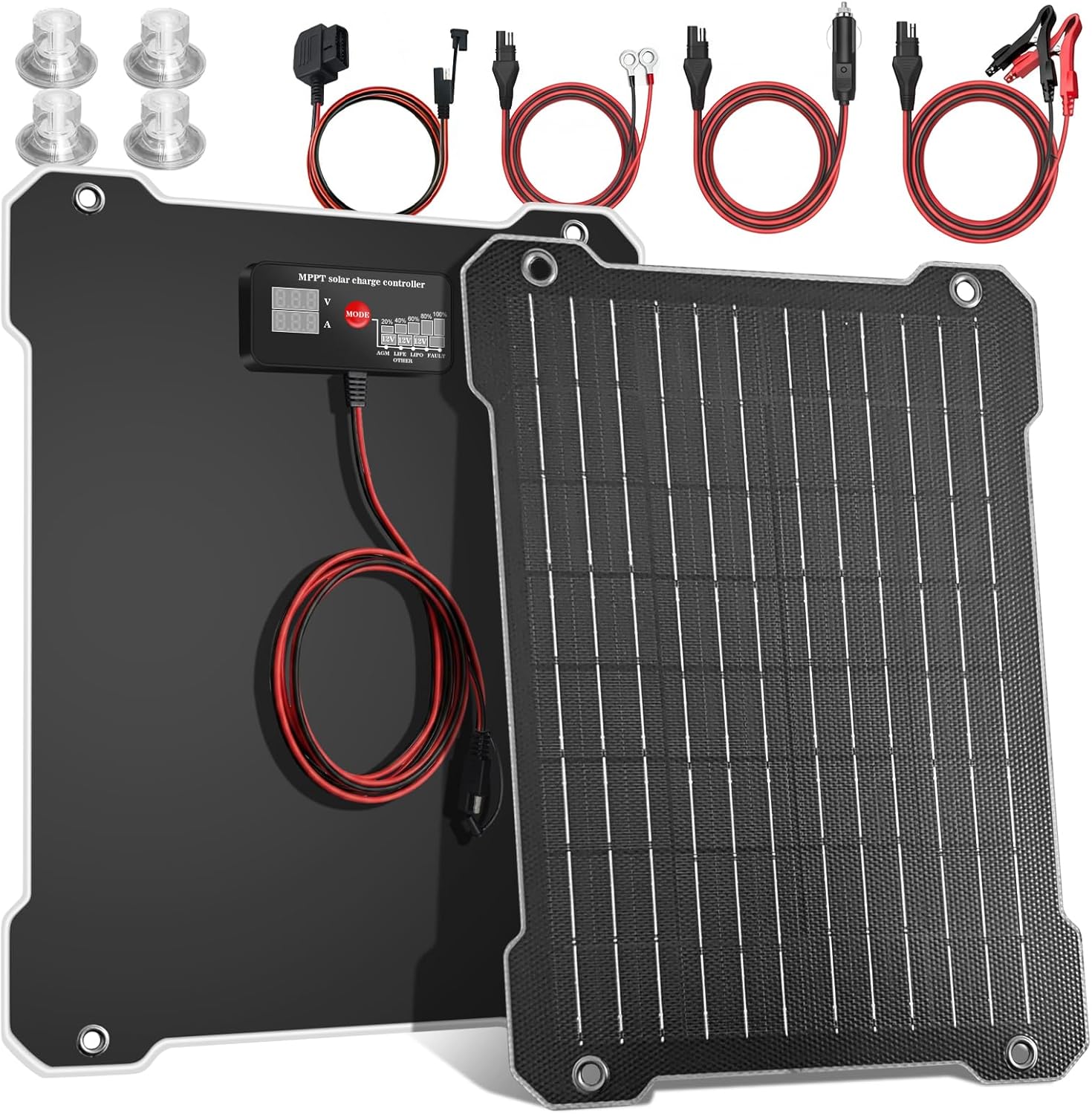 Upgraded MPPT OBDII 12W Solar car Battery Charger 12V Solar trickle Charger maintainer Solar Panel kit Battery Solar Charger Suitable for Cars Motorcycles Boats RVs Trailers Snowmobiles etc