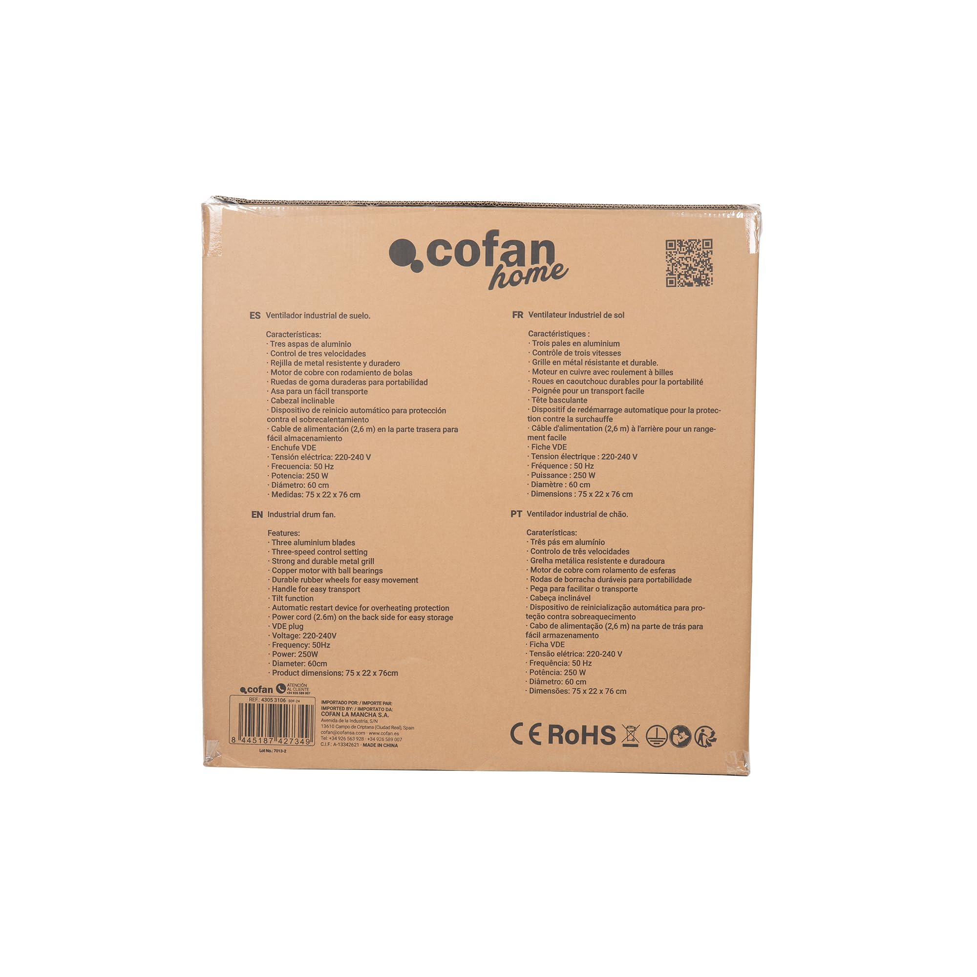 Cofan Ventilateur de sol industriel 3 vitesses, puissance 250 W, angle réglable, couleur noir, ventilateur avec roulettes et poignée, dimensions : 75 x 26 x 76 cm