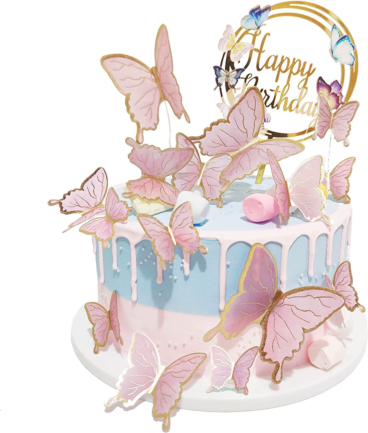 MEETOZ Butterfly Cake Toppers Decorations - 1 Big Happy Birthday Cake Topper & 15Pcs 3D Pink Gold Butterfly Cupcake Toppers - Butterfly Party Supplies for Girls Women's Birthday Cake Party Decorations