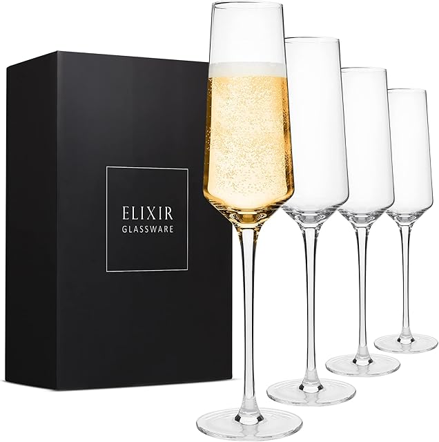 ELIXIR GLASSWARE Classy Champagne Flutes - Hand Blown Crystal Champagne Glasses - Set of 4 Elegant Flutes, 100% Lead Free Premium Crystal - Gift for Wedding, Anniversary, Christmas - 8oz, Clear