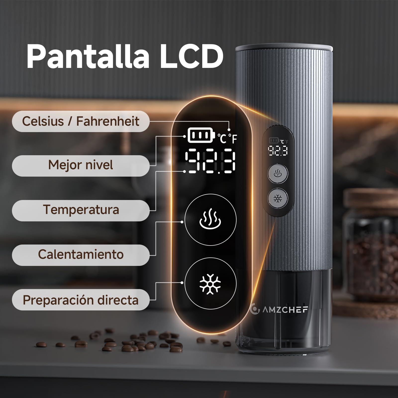 AMZCHEF Cafetera de café portátil con batería de 20 bares con USB-C y pantalla digital – Compatible con cápsulas y café en polvo – Cafetera para llevar para viajes, camping, aluminio