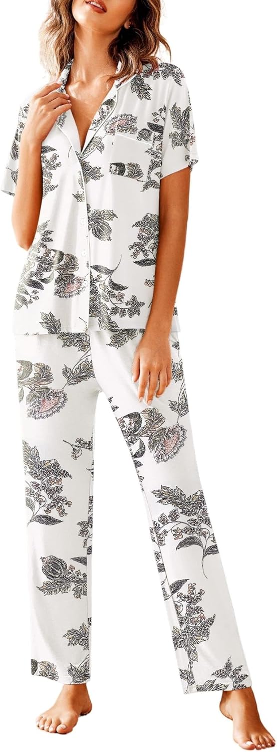Avidlove Women Pajamas Set Notch Collar Soft Sleepwear Pjs Short Sleeve Button Down Nightwear with Long Pants
