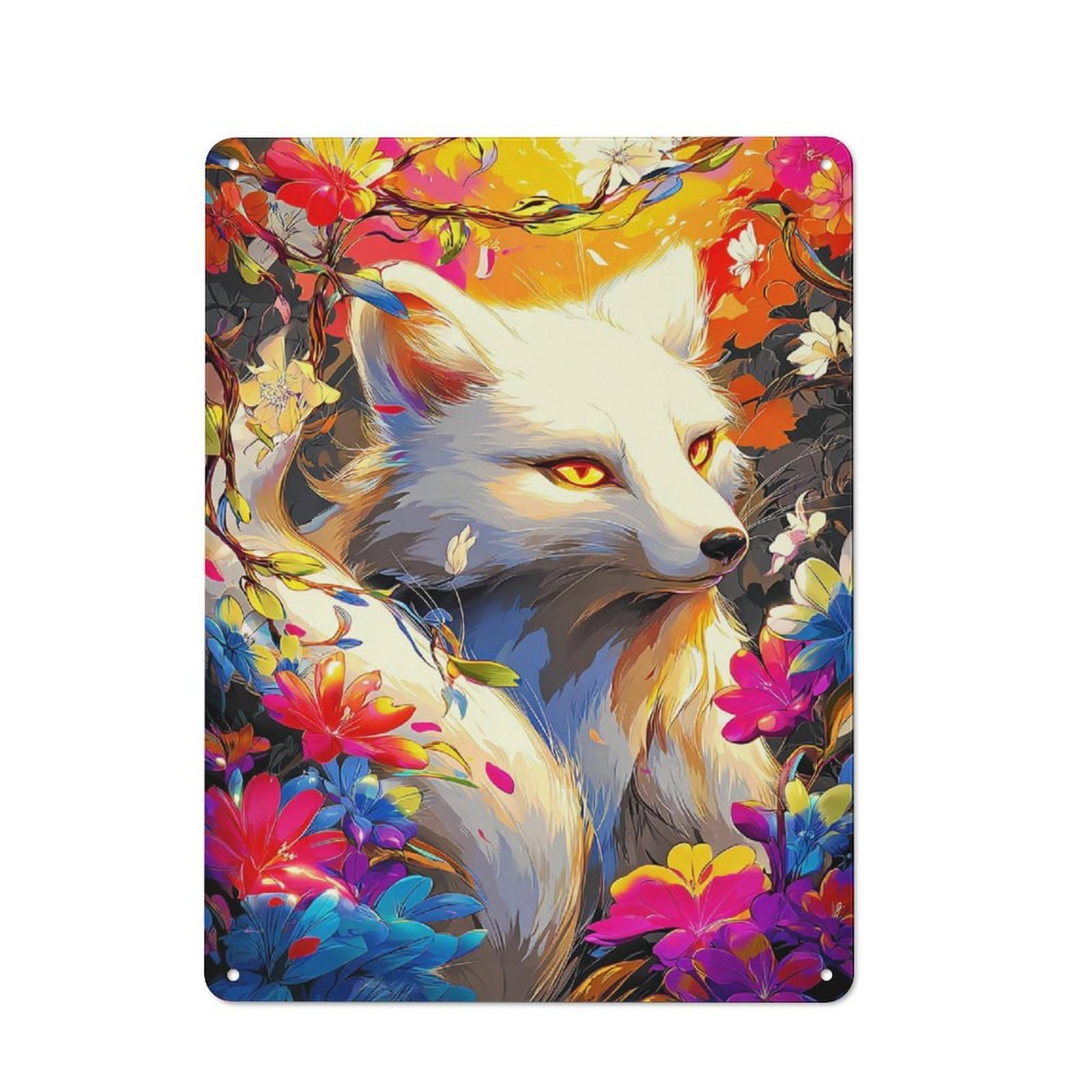 Junmoney Fox Amidst Vibrant Flowers -2 Rustic Tin Wall Plaque 40X30cm For Bar Or Restaurant, For Vintage Wall Decor Fans, For Garage And Workshop Walls