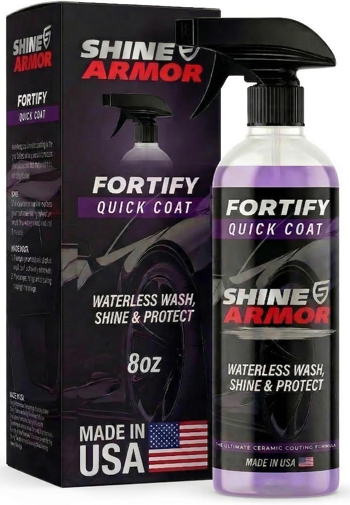 SHINE ARMOR Fortify Quick Coat Ceramic Coating Car Wax - 3 in 1 Hydrophobic Car Polish, Waterless Car Wash, and Shine - Polymer Sealent Top Coat Spray Protection (8oz)