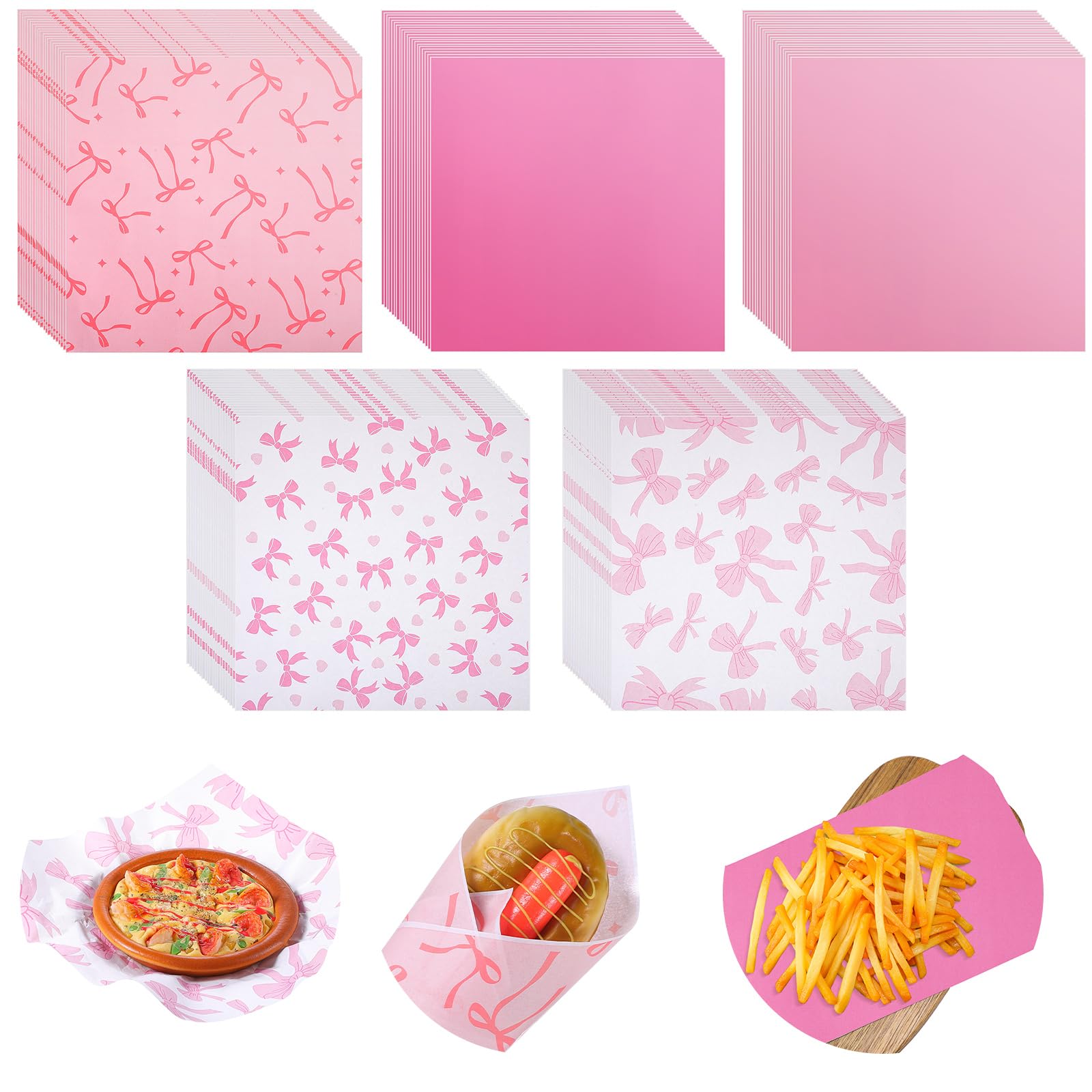 Havawish Trockene gewachste Deli-Papierbögen, 30,5 x 30,5 cm, bunt, Deli-Wrap, Wachspapiereinlagen für Kunststoff-Lebensmittelkorb, zum Verpacken von Brot und Sandwiches (Rosa, Weiß, Schleife)