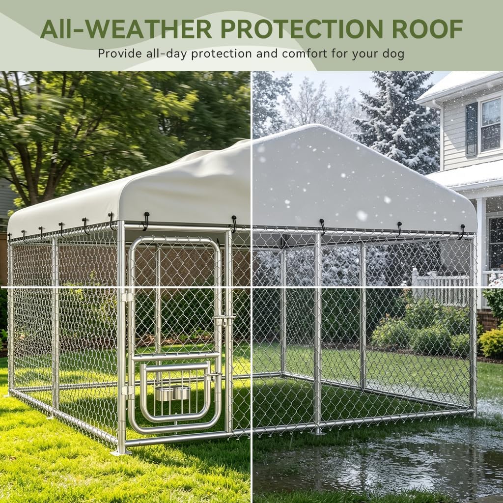 COMHOMA Dog Kennel Outdoor with Roof,Large Metal Dog Enclosure with Weather-Resistant Cover,Lockable Gate for Medium Large Dogs (Gunmetal, 10x10FT (124in)