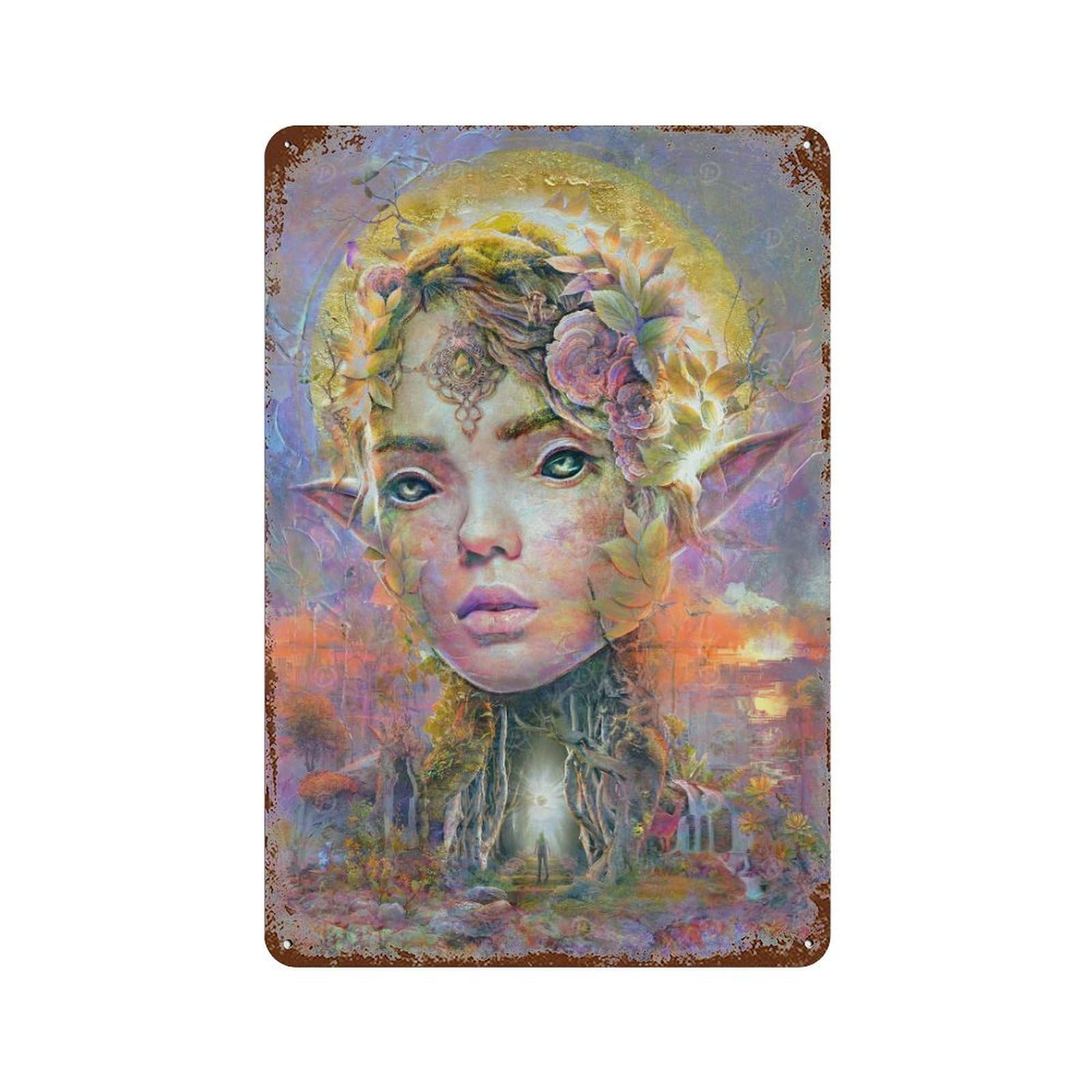 Elven Sunset Rust Effect Tin Sign 11.8"x7.9", Decorative Metal Wall Art for Living Room, Hallway And Home Decor