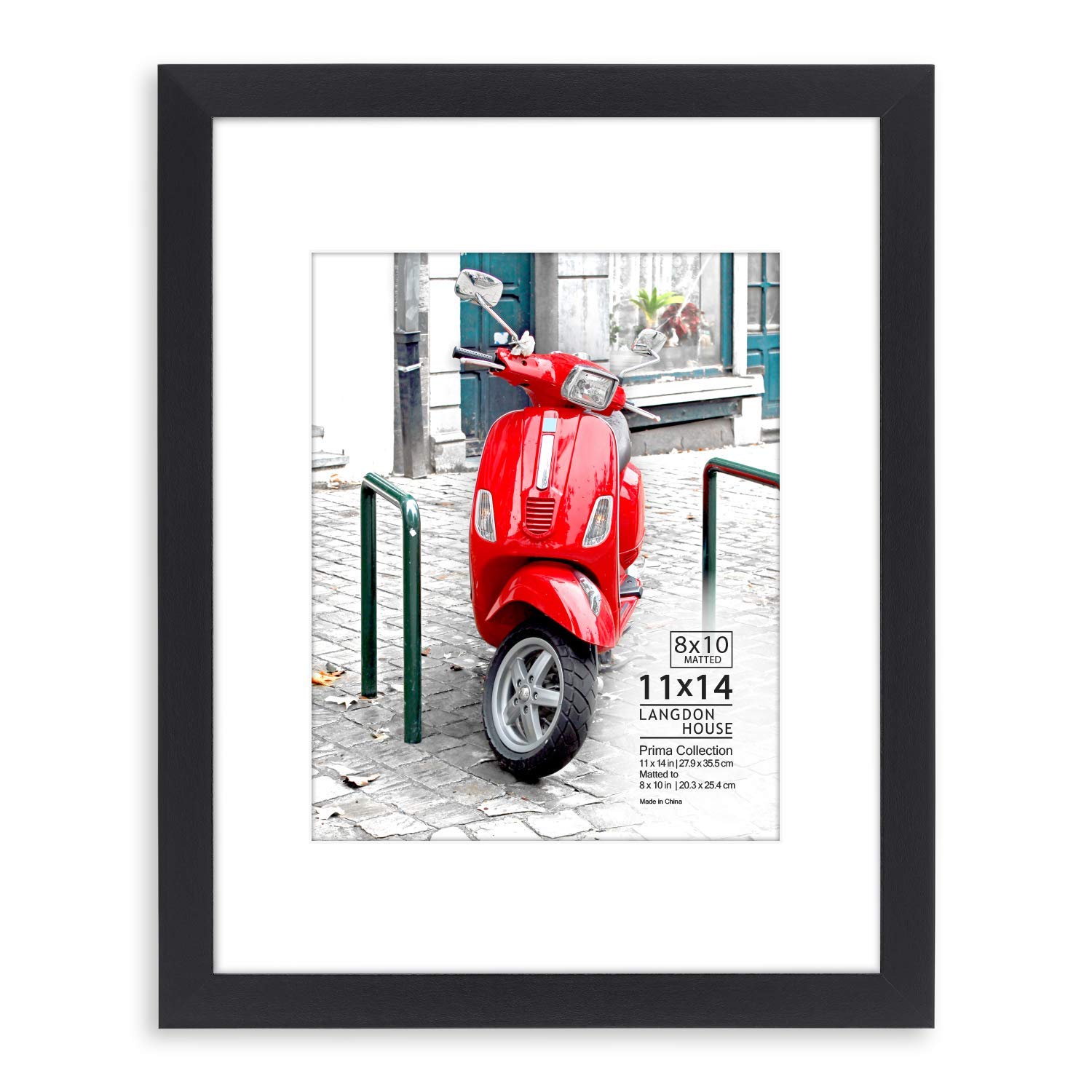 Langdon House11x14 Black Picture Frame, 11 x 14 Modern Photo Frame with Mat for 8x10 Image, Sturdy Wood Composite, Wall Mount Hooks Included, Prima Collection