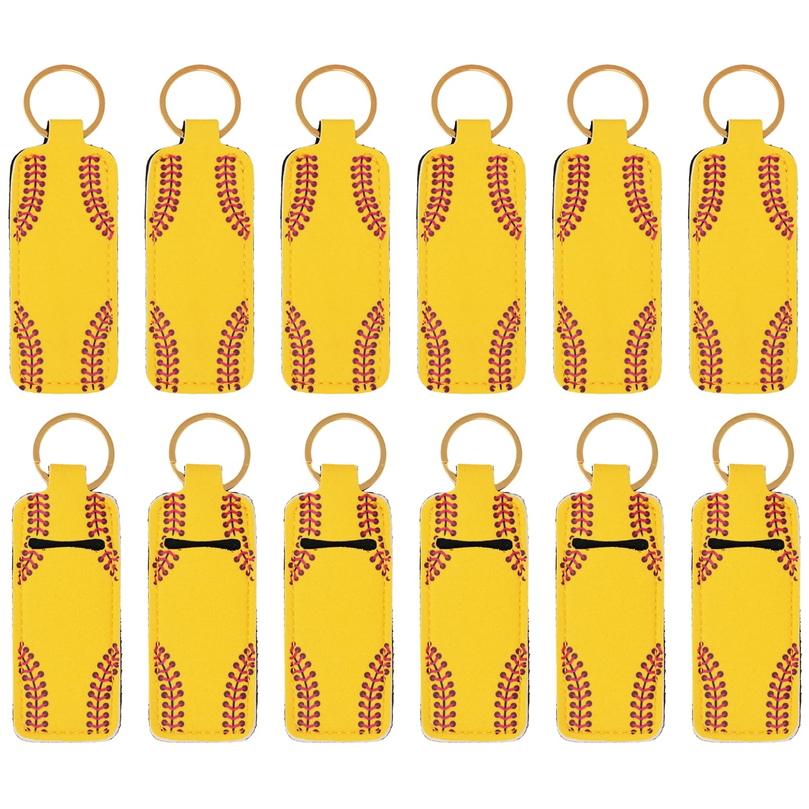 Honbay 12PCS Softball Pattern Chapstick Holder Keychain Lip Balm Holder Lipgloss Holder Lipstick Holder Clip-on Sleeve Pouch for Travle or Daily Outing for Women and Girls Handbags Backpacks, Yellow