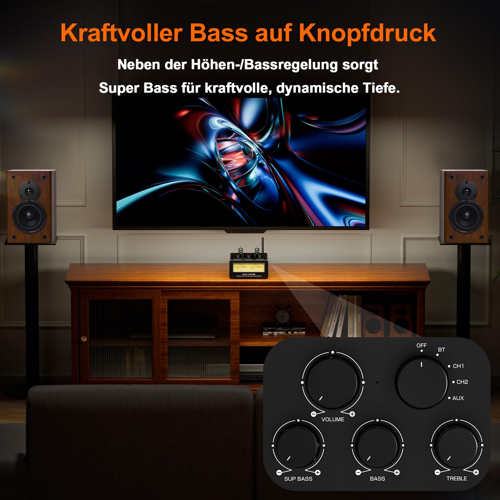 Douk Audio T6 PRO wzmacniacz rurowy Bluetooth: 300 W x2 TPA3255 2-kanałowy wzmacniacz stereo – podwójny miernik VU i Super Bass – do kina domowego i systemów Hi-Fi (żółty)