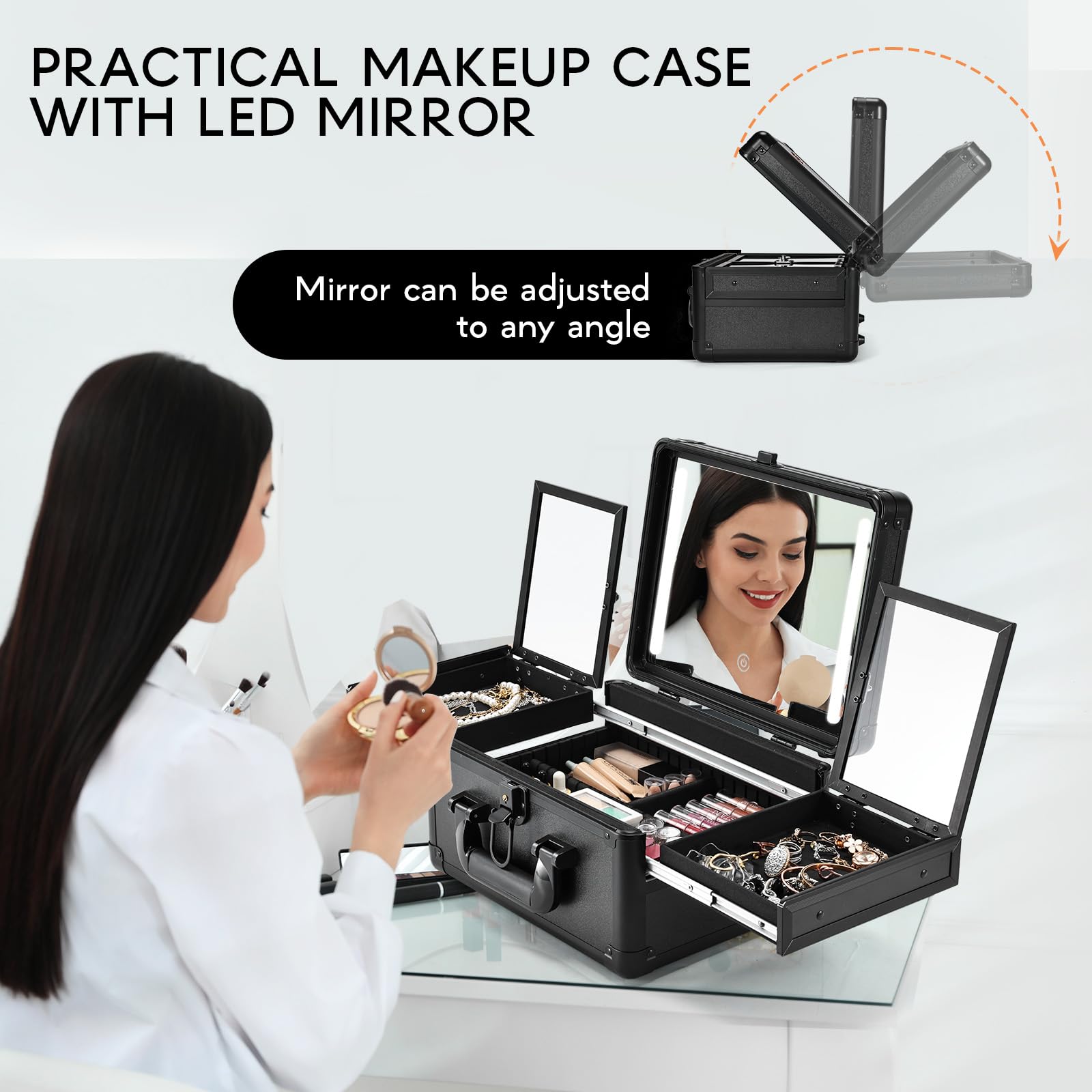 Mallette de maquillage de voyage avec miroir LED - Boîte de rangement avec séparateurs réglables et plateaux pliables - Noir mat.