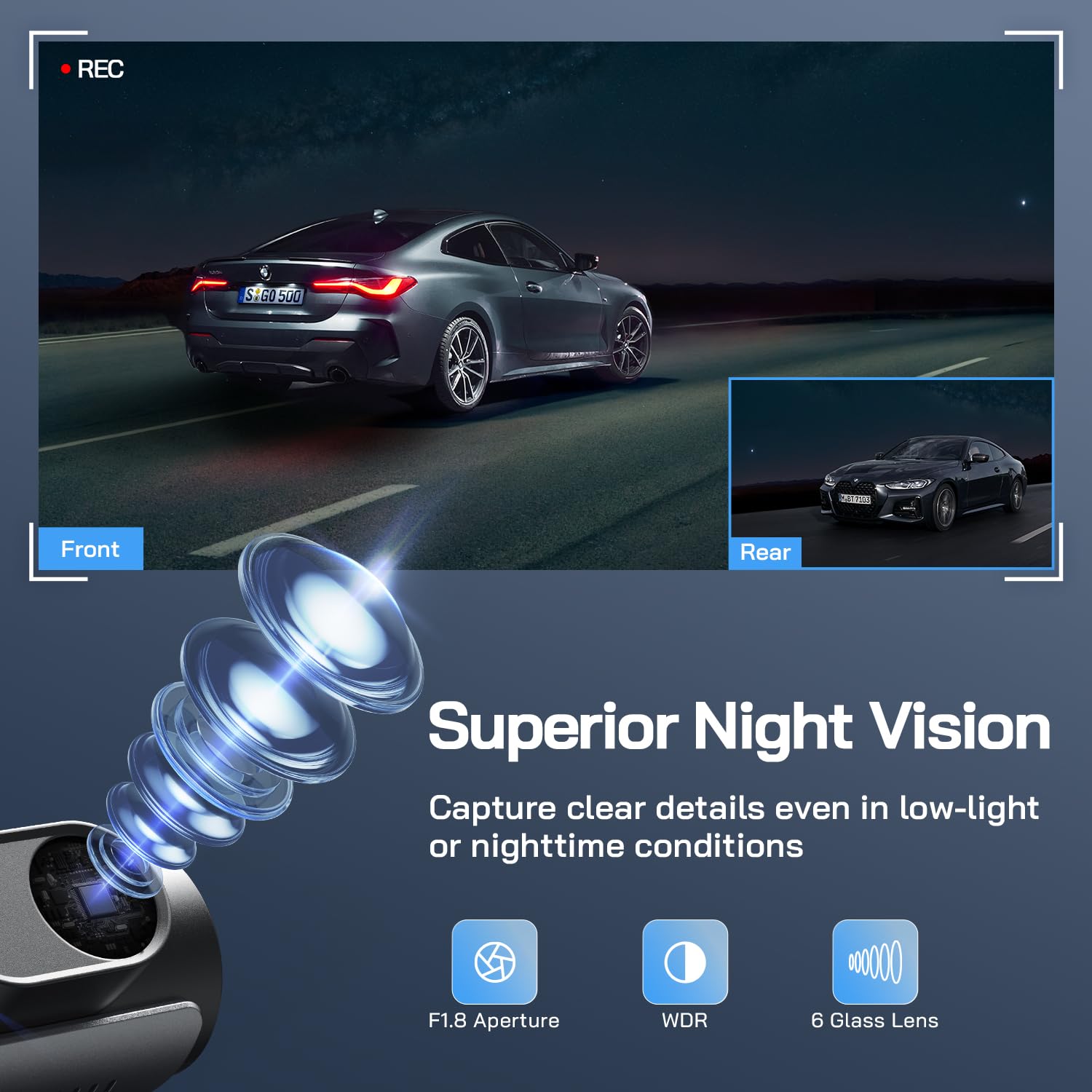 WOLFANG Cámara de Coche Delantera y Trasera 4K UHD, Dashcam de Doble Lente para Coches de 170º Gran Angular Monitor de Aparcamiento 24H con Grabación en Bucle y Sensor G