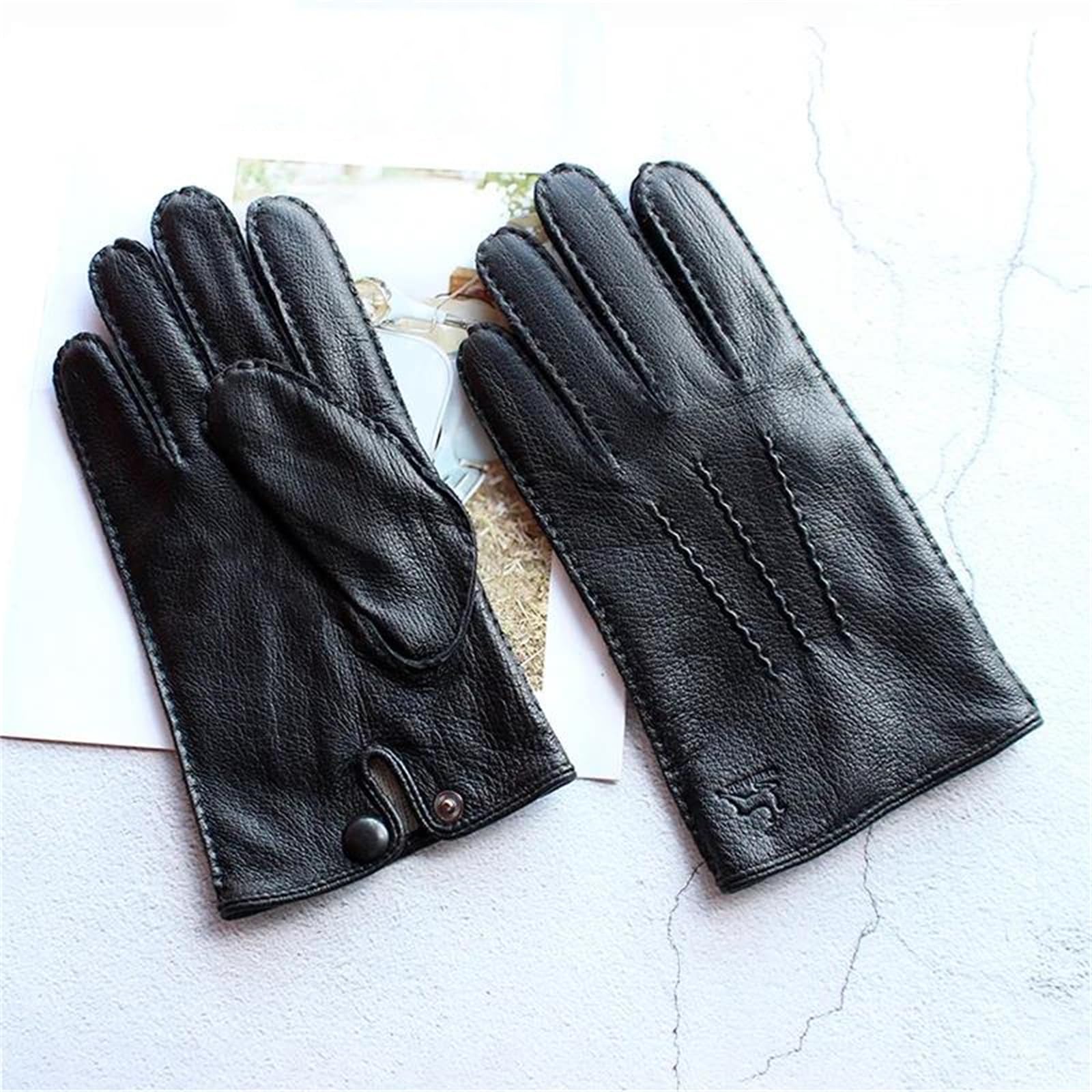 Guantes de piel de ciervo auténtica para hombre, con forro de lana, cálidos, térmicos, para conducir, motociclismo, a la moda
