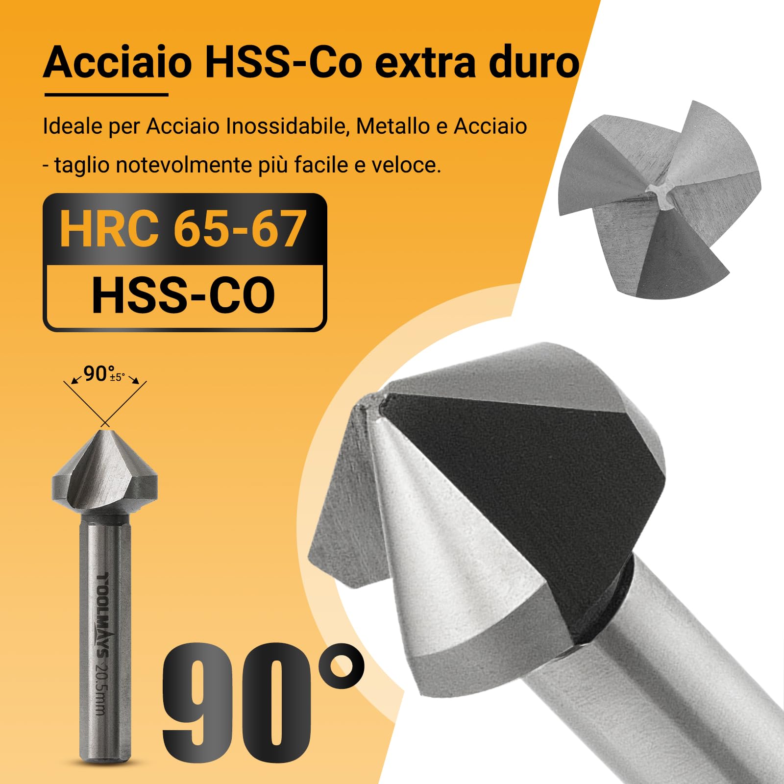 Svasatore per Metallo M35 Cobalto Ø 6,3-20,5 mm | Set Svasatori per Legno 90° HSS-E 3 Taglienti 6pcs per Acciaio Inox, Ferro, Alluminio, Rame, Plastica