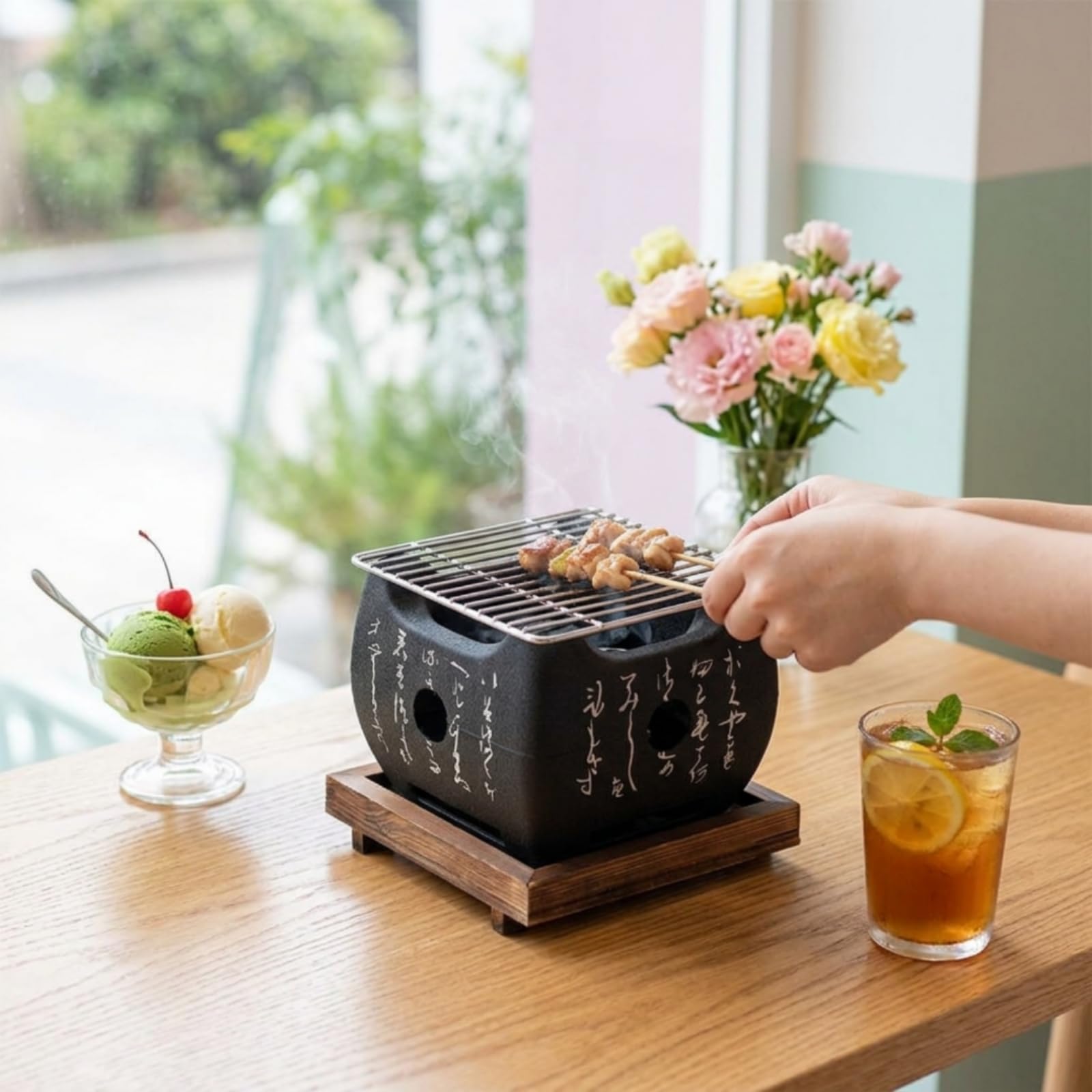 Griglia da Tavolo a Carbone Giapponese Braciere con Base in Legno Portatile Mini Barbecue a Carbone per Coppie, Casa, Giardino
