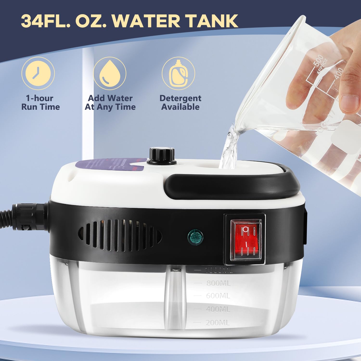 Moongiantgo Pulitore a Vapore Portatile, 2500W Macchina per la Pulizia ad Alta Temperatura ad Alta Pressione con 1L Grande Serbatoio D'acqua&3 Tipi di Testine per Casa,Cucina,Bagno,Auto (220V, Bianco)