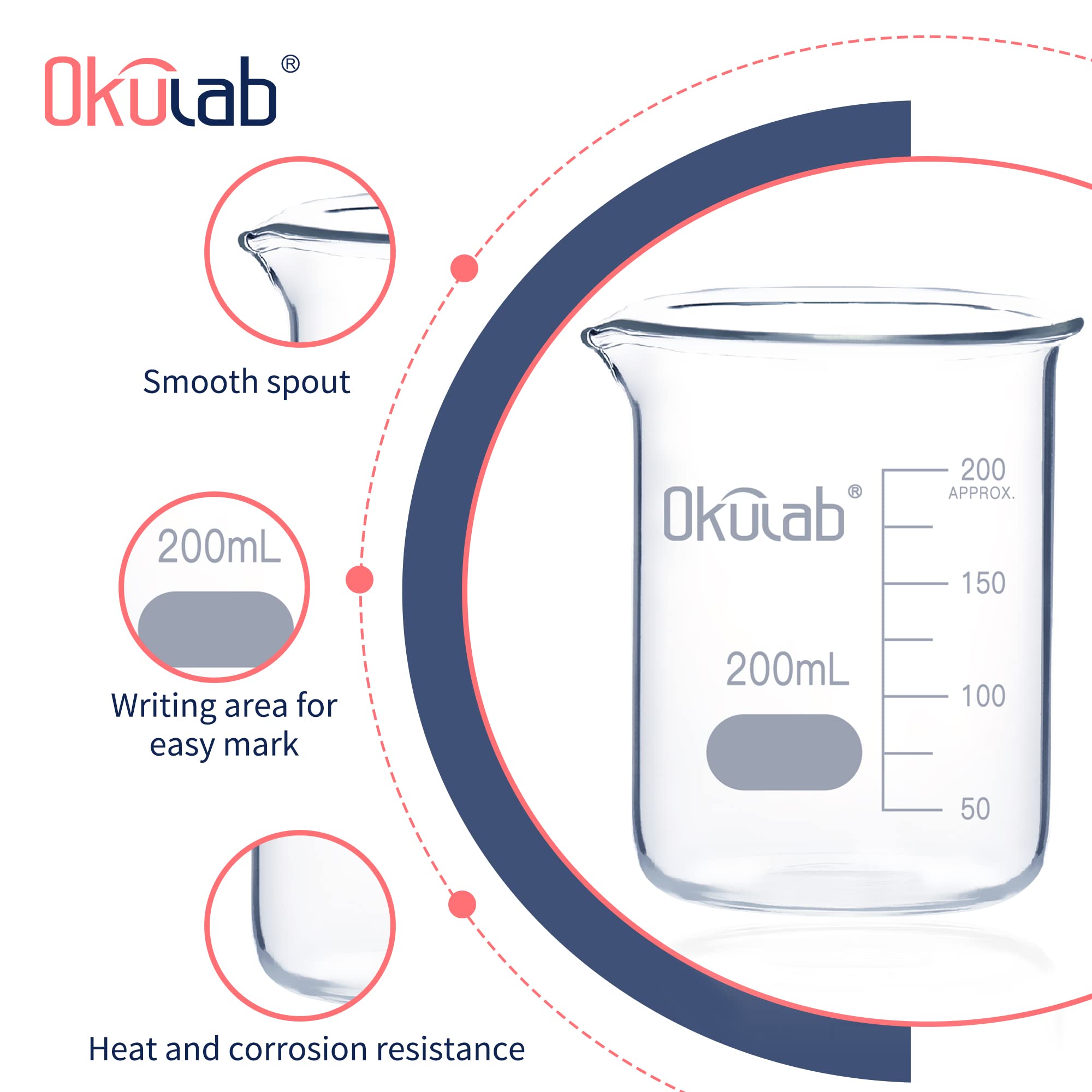 BKLG200A12 - Set di bicchieri in vetro borosilicato da 200 ml, a forma bassa, graduato 3,3 (caso di 12) per laboratorio, aula, artigianato, cucina, BKLG200A12