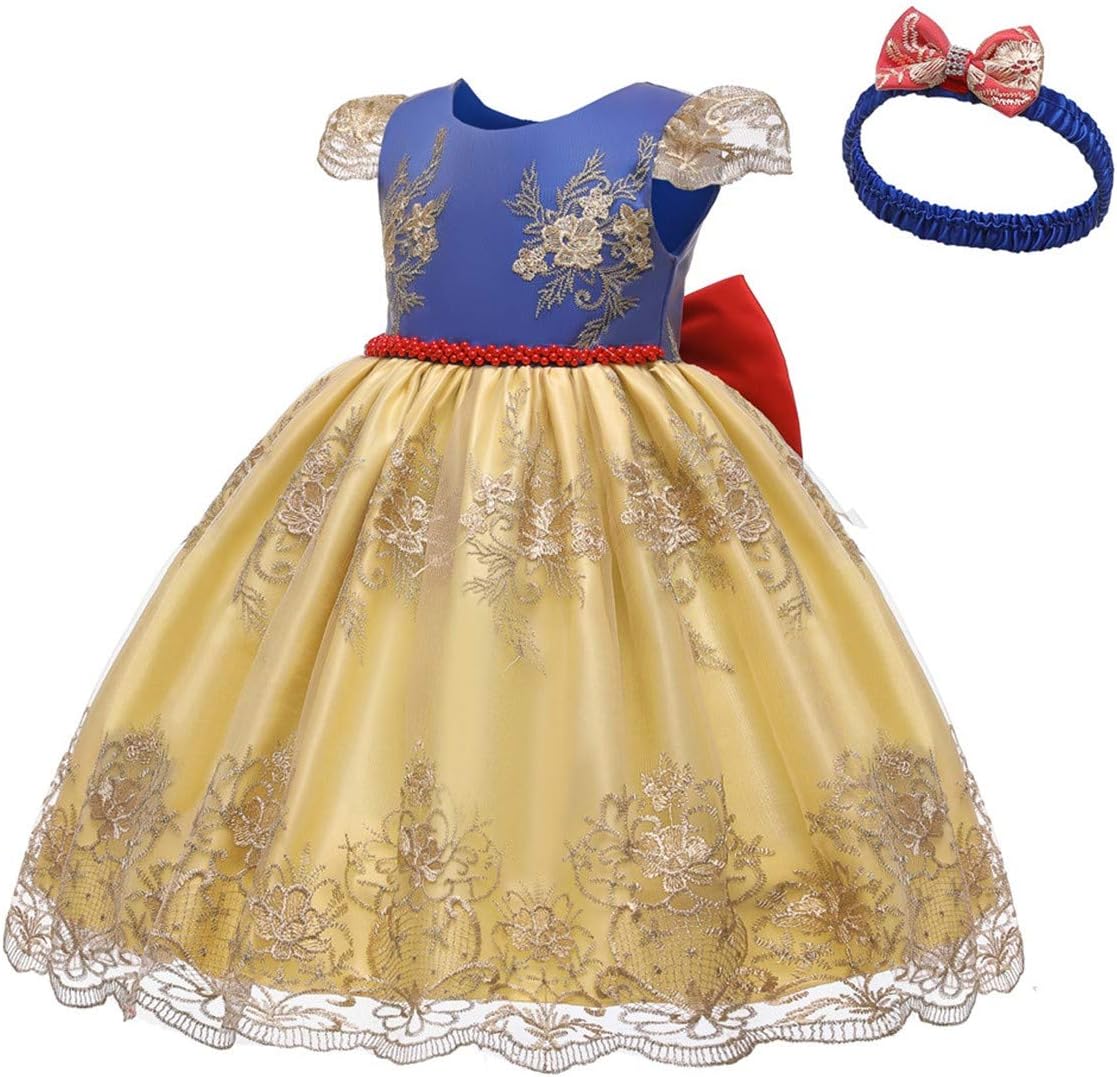 Baby Girls Snow White Bowknot Dress Christening Birthday Party Prom Embroidered Lace Baptism Gown w/Headwear