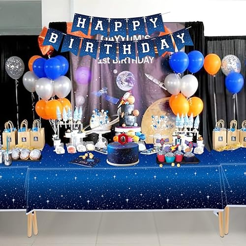 Miniatura 7 de Juego de 4 manteles de noche estrellada Mantel rectangular de plástico de 86 x 51 pies, cubierta de mesa temática espacial Suministros para fiesta