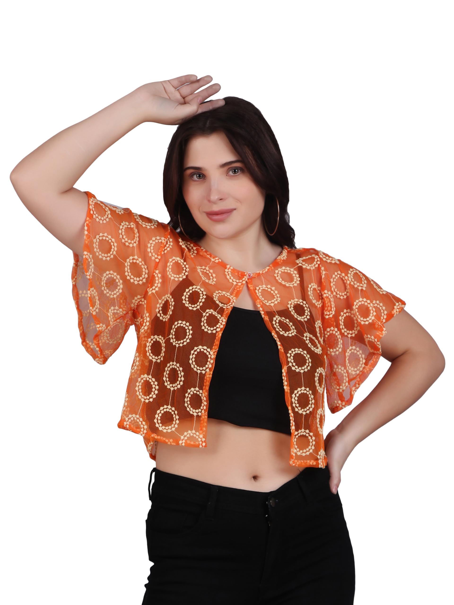 Women Ethereal Self Design Cotton Lace Round Neck Flared Sleeve Shrug | Front Open, Button Closure-picture-13