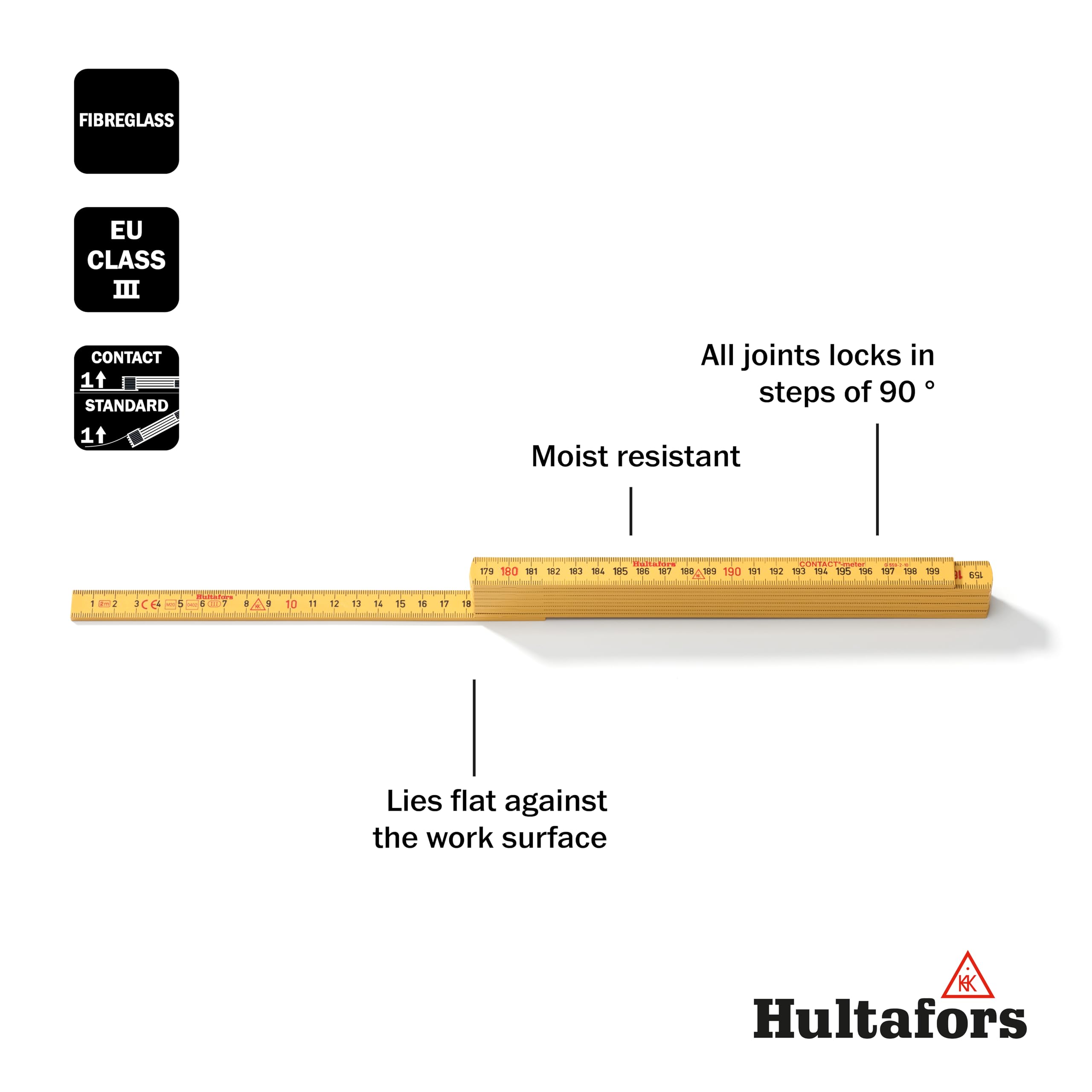 201804 Metro di contatto in fibra di vetro I Hultafors I Made in UE I Metro articolato 2 m con graduazione inversa per misure regolate
