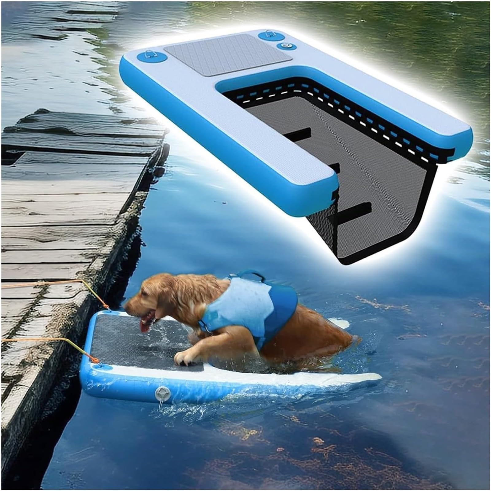 WDJBPSH Floating Water Dog Ramp, Easy Access for Swimming Pool/Pontoon Boat/Dock, Inflatable Blue Dogs Ramps with Non-Slip EVA Platform & 3D Full-wrap Steps(L 59 x W 39.3 x H 5.9in)