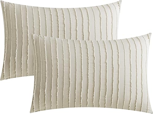Miniatura 1 de JELLYMONI Paquete de 2 fundas de almohada de color gris crema, tamaño King, fundas de almohada de microfibra suave a rayas con cierre de sobre